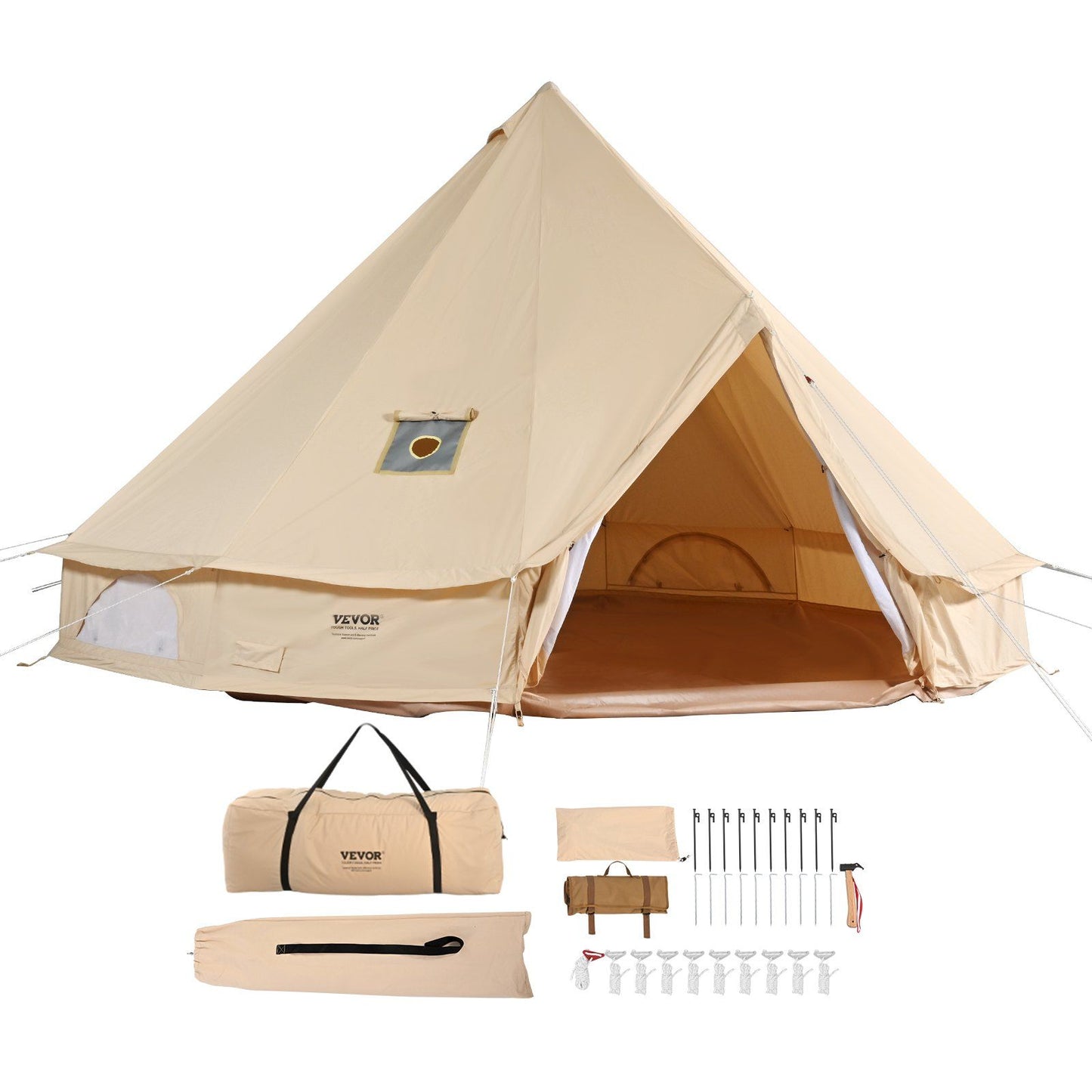 VEVOR 3-5 Person Canvas Glamping Bell Tent, Breathable Waterproof Yurt Tent with Stove Jack and Detachable Side Wall for Family Camping, 10'x 10'x98"(Diameter 3M)