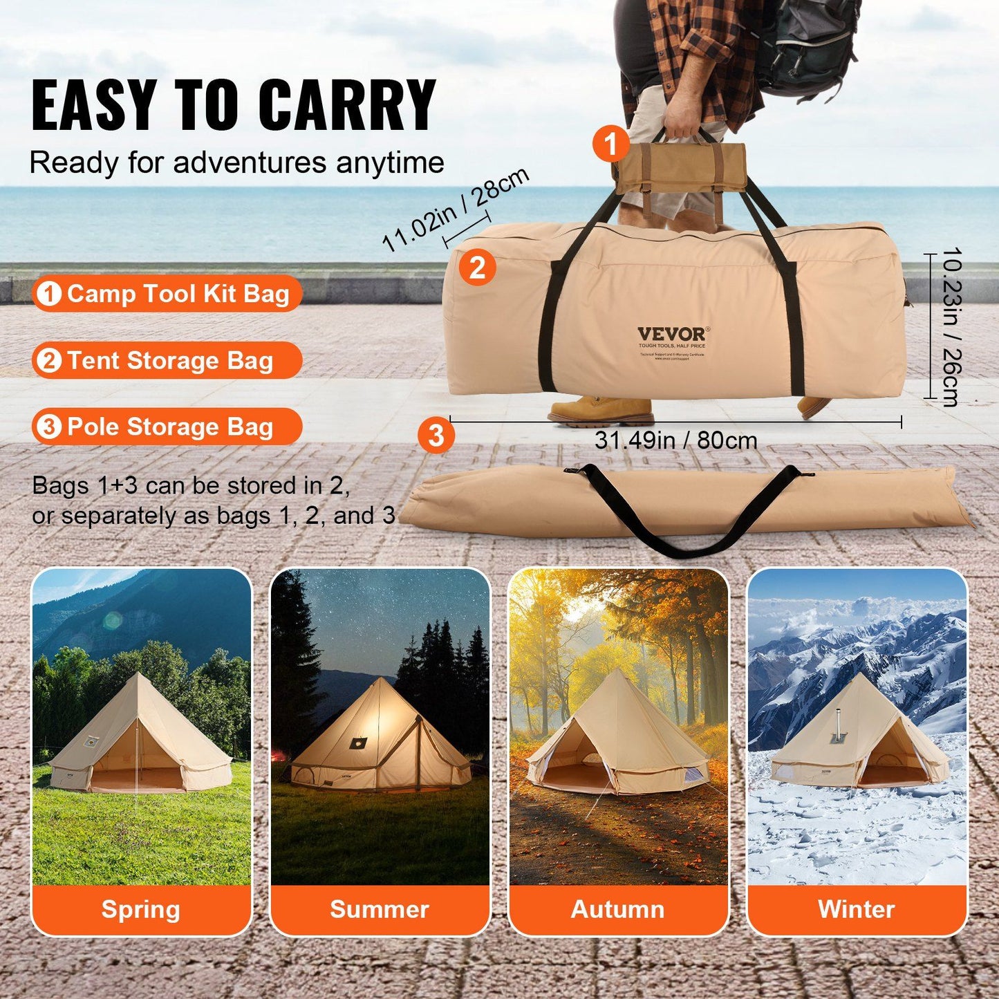 VEVOR 3-5 Person Canvas Glamping Bell Tent, Breathable Waterproof Yurt Tent with Stove Jack and Detachable Side Wall for Family Camping, 10'x 10'x98"(Diameter 3M)