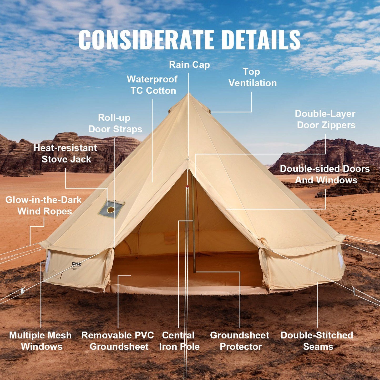 VEVOR 3-5 Person Canvas Glamping Bell Tent, Breathable Waterproof Yurt Tent with Stove Jack and Detachable Side Wall for Family Camping, 10'x 10'x98"(Diameter 3M)