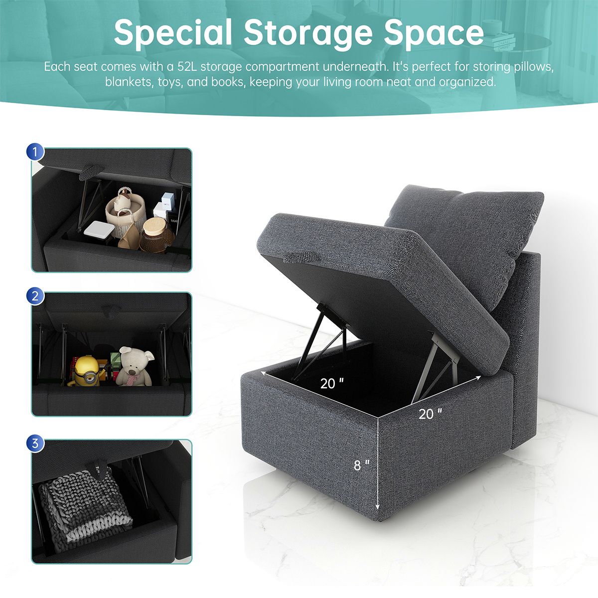 Modular Sectional Sofa with Storage, 109'' L-Shaped Upholstered Couch with Hidden Compartments, Wooden Frame and Polyester Fabric, Space-Saving Design, Available in Black, Beige, and Gray