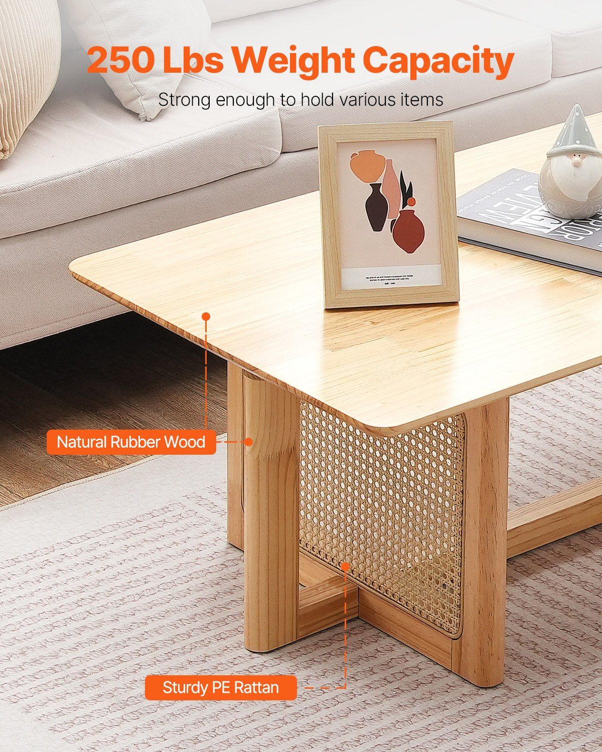 Rattan Coffee Table Rectangle Rattan Coffee Table 1-Tier for Living Room