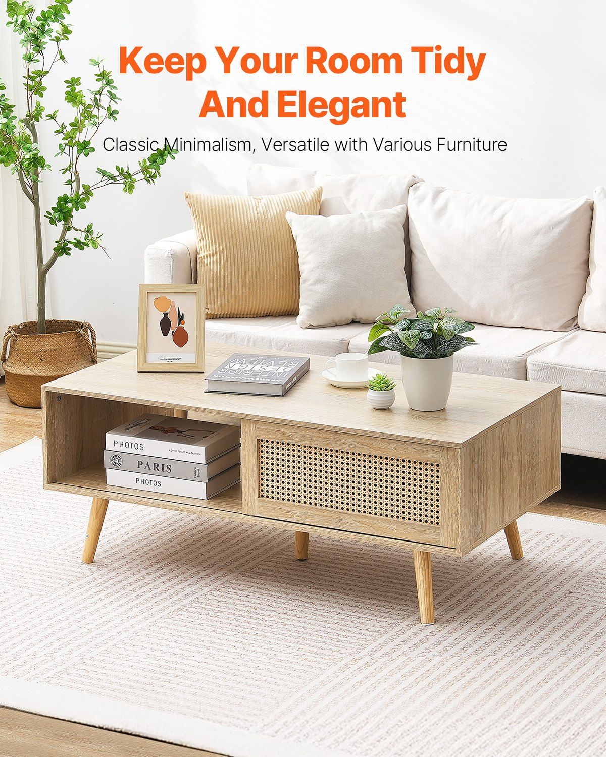 VEVOR Rattan Coffee Table, Mid Century Coffee Table, Rectangle Wood Coffee Table, 42 Inch Modern Boho Style Two Layers Storage Coffee Table, for Living Room, Bedroom & Small Spaces
