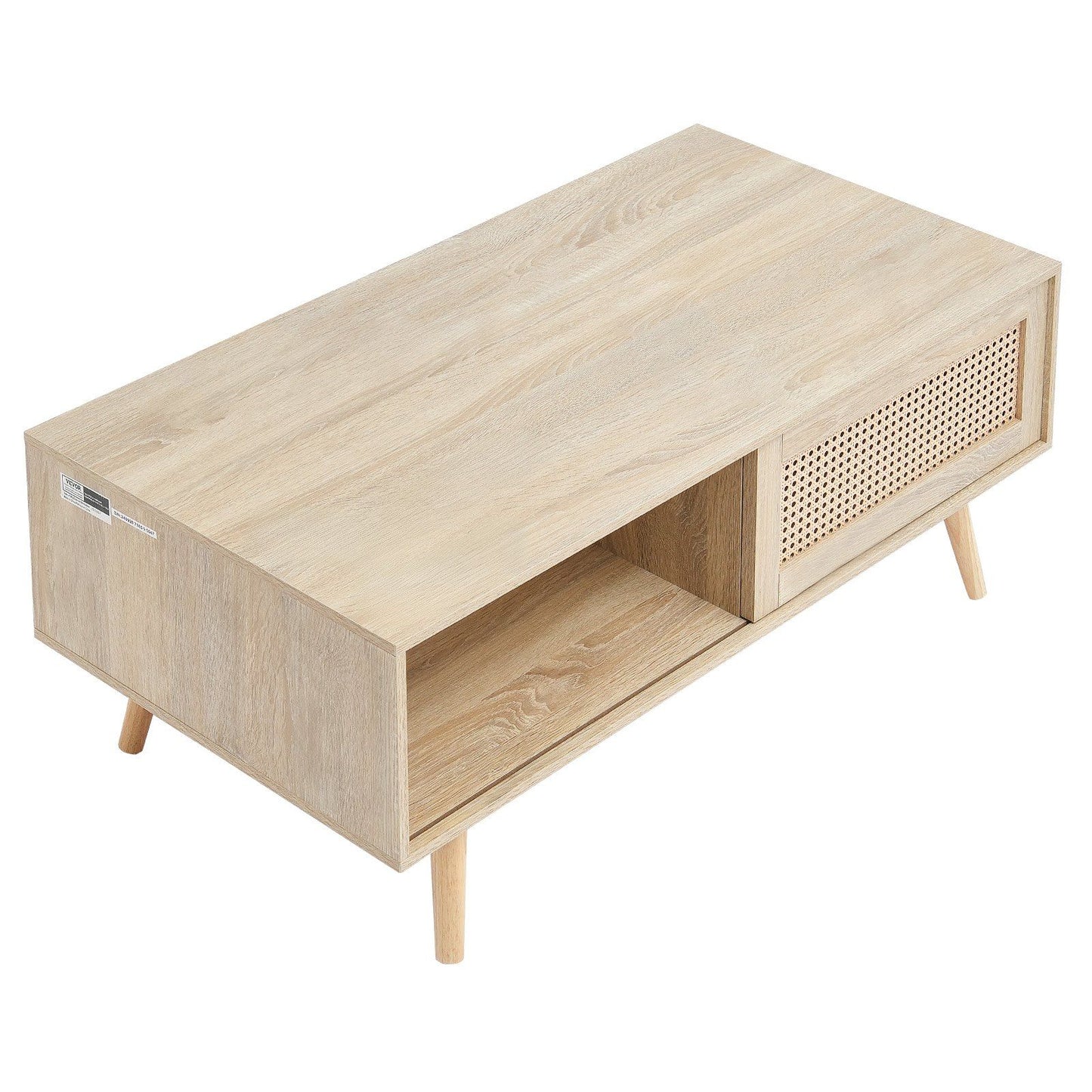 VEVOR Rattan Coffee Table, Mid Century Coffee Table, Rectangle Wood Coffee Table, 42 Inch Modern Boho Style Two Layers Storage Coffee Table, for Living Room, Bedroom & Small Spaces