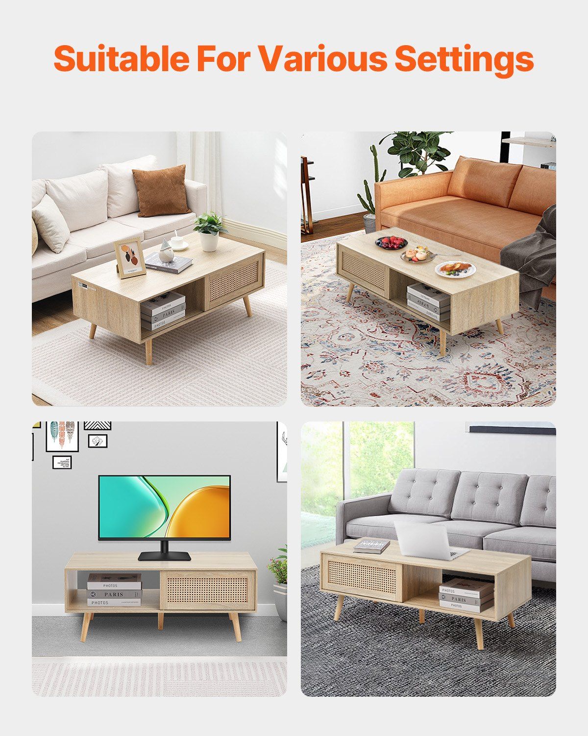 VEVOR Rattan Coffee Table, Mid Century Coffee Table, Rectangle Wood Coffee Table, 42 Inch Modern Boho Style Two Layers Storage Coffee Table, for Living Room, Bedroom & Small Spaces