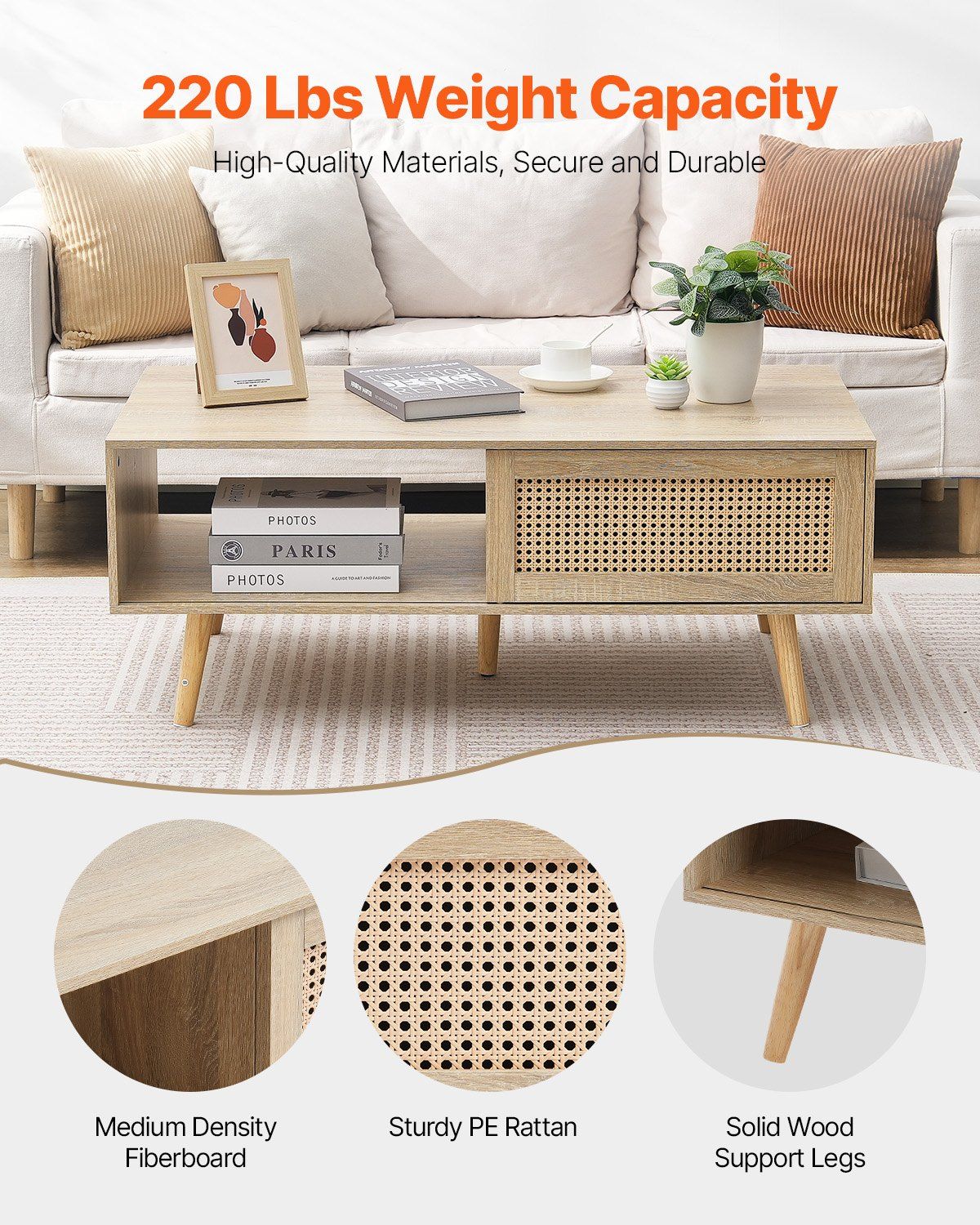 VEVOR Rattan Coffee Table, Mid Century Coffee Table, Rectangle Wood Coffee Table, 42 Inch Modern Boho Style Two Layers Storage Coffee Table, for Living Room, Bedroom & Small Spaces