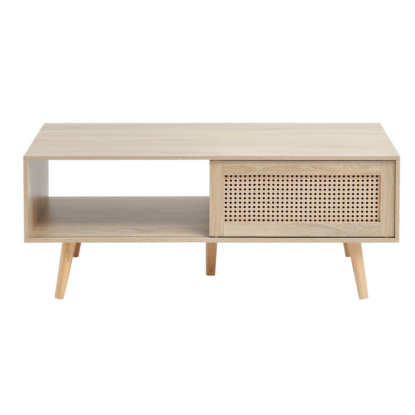VEVOR Rattan Coffee Table, Mid Century Coffee Table, Rectangle Wood Coffee Table, 42 Inch Modern Boho Style Two Layers Storage Coffee Table, for Living Room, Bedroom & Small Spaces