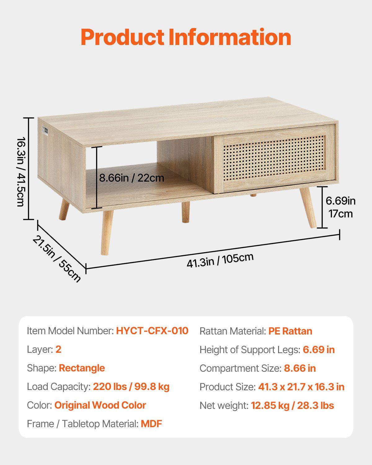 VEVOR Rattan Coffee Table, Mid Century Coffee Table, Rectangle Wood Coffee Table, 42 Inch Modern Boho Style Two Layers Storage Coffee Table, for Living Room, Bedroom & Small Spaces