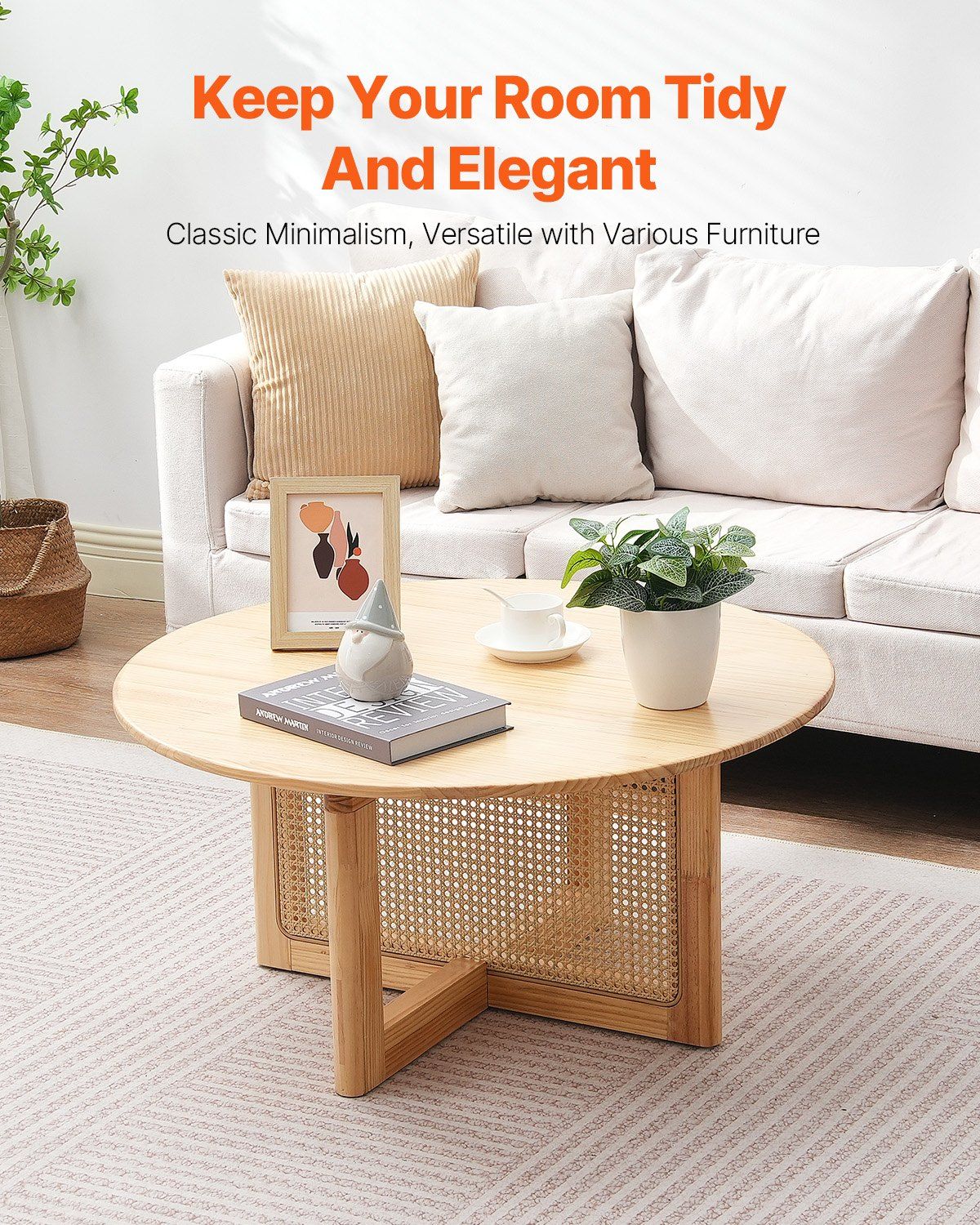 VEVOR Rattan Coffee Table Round Wood Coffee Table Single Tier for Living Room