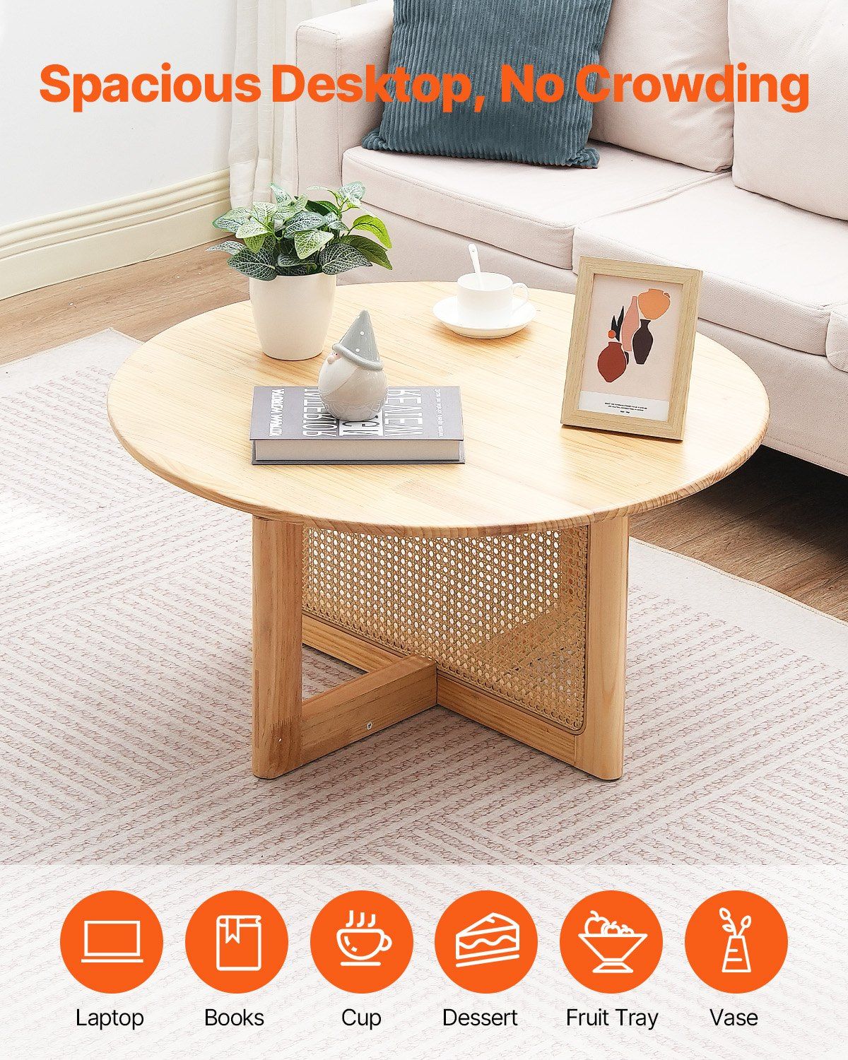 VEVOR Rattan Coffee Table Round Wood Coffee Table Single Tier for Living Room
