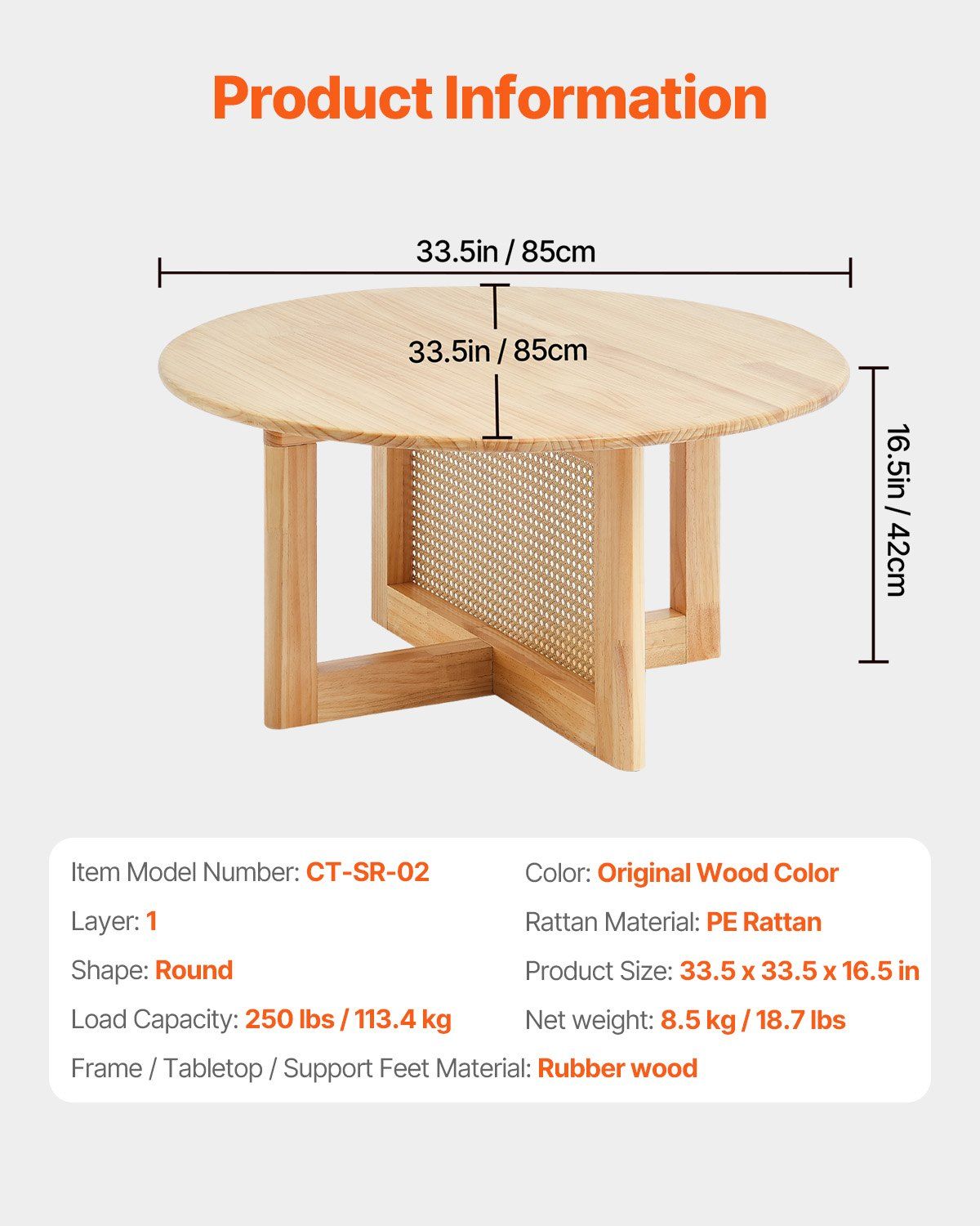 VEVOR Rattan Coffee Table Round Wood Coffee Table Single Tier for Living Room