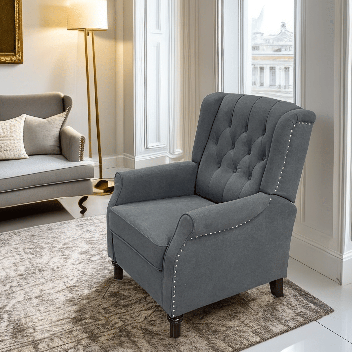 Redde Boo New Design Classic Dark Gray Waterproof Fabric Living Room Pull Button Sofa, High Back Manual Recliner Chair Cinema Home Theatre Cozy Recliner Sofa