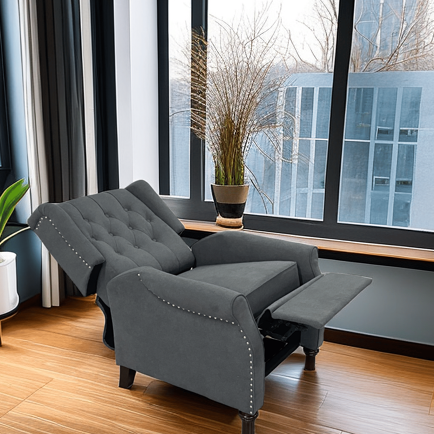 Redde Boo New Design Classic Dark Gray Waterproof Fabric Living Room Pull Button Sofa, High Back Manual Recliner Chair Cinema Home Theatre Cozy Recliner Sofa