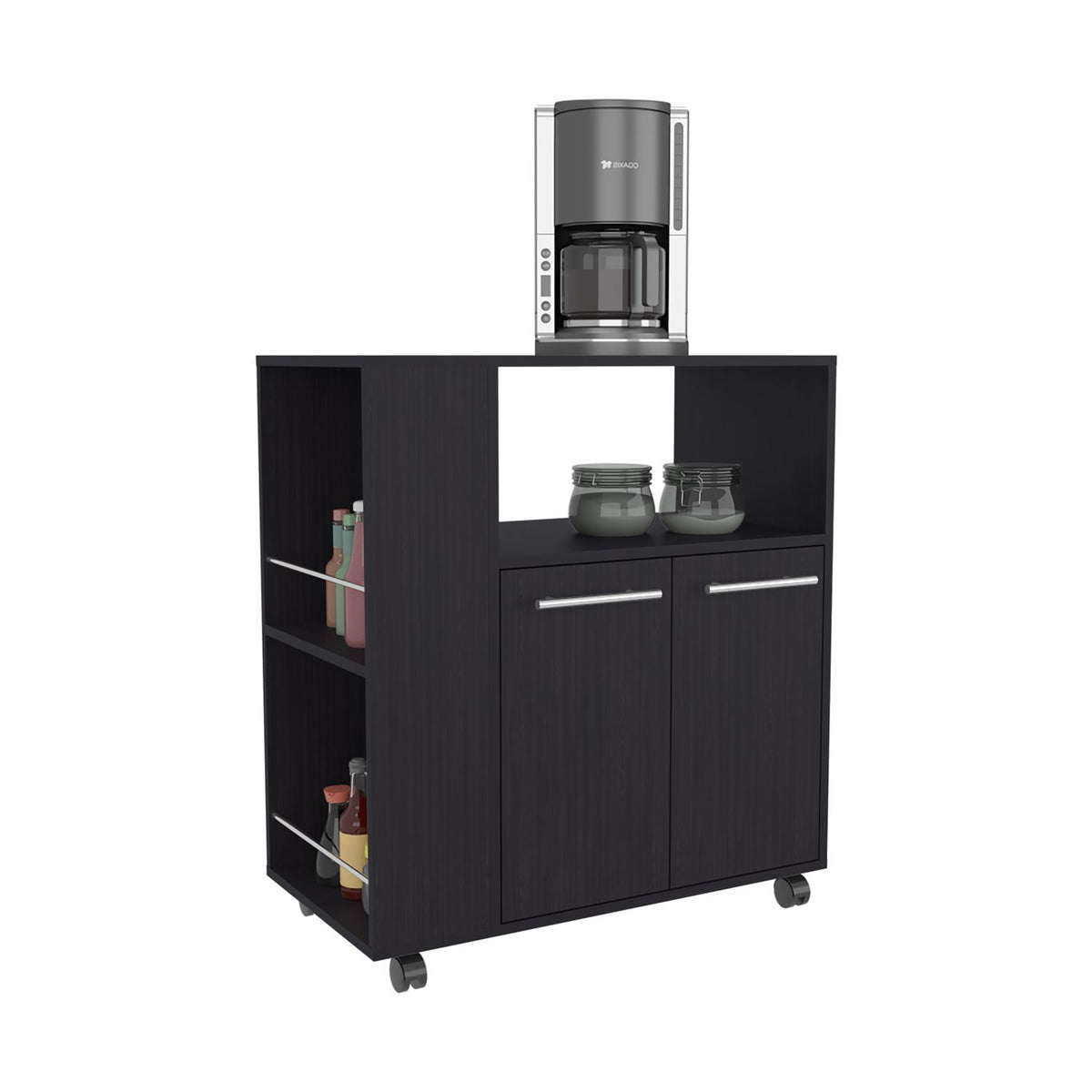 FM FURNITURE Linden Kitchen Cart with Microwave Shelf. Open Storage. and Two-Door Cabinet. Wengue