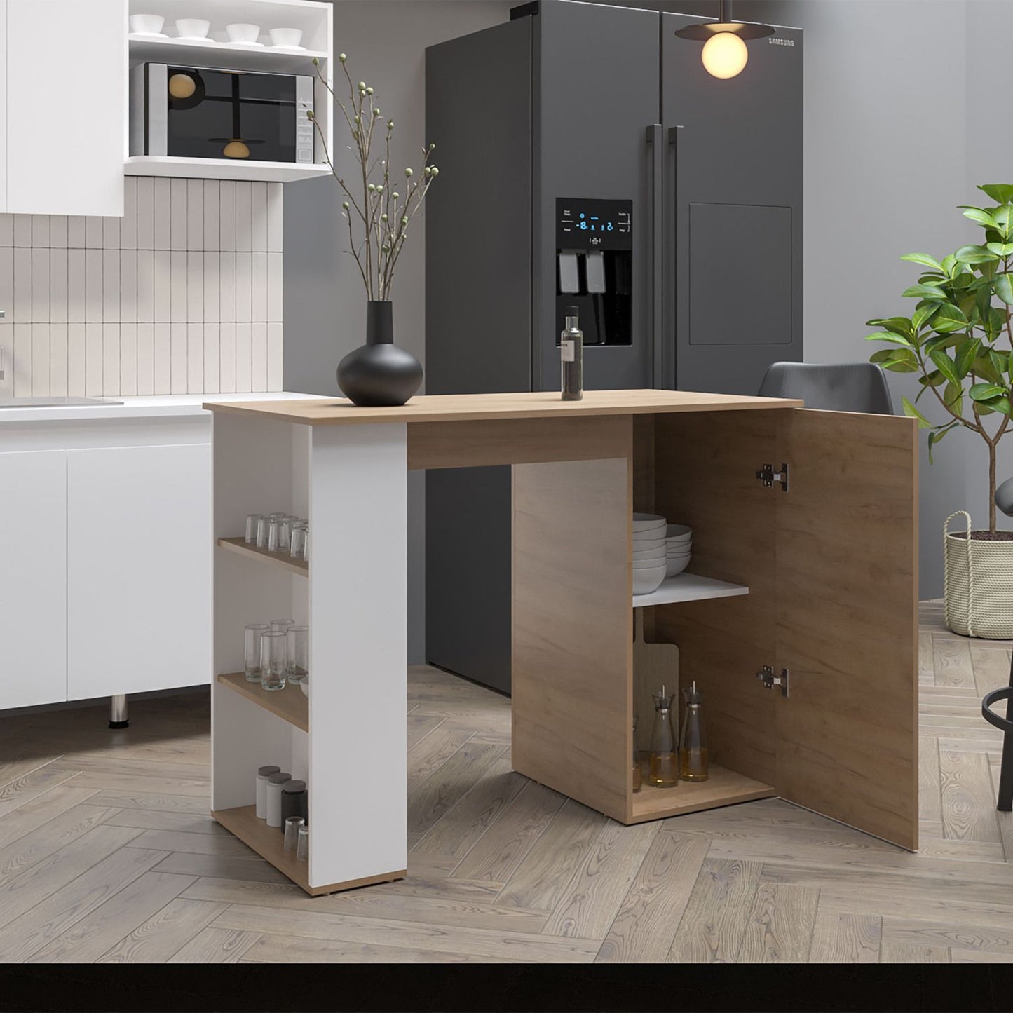 Allen 47" Wide Kitchen Island One Cabinet and Five Shelves, Bar Table, Dinning Table. Pub Table White- Natural Oak