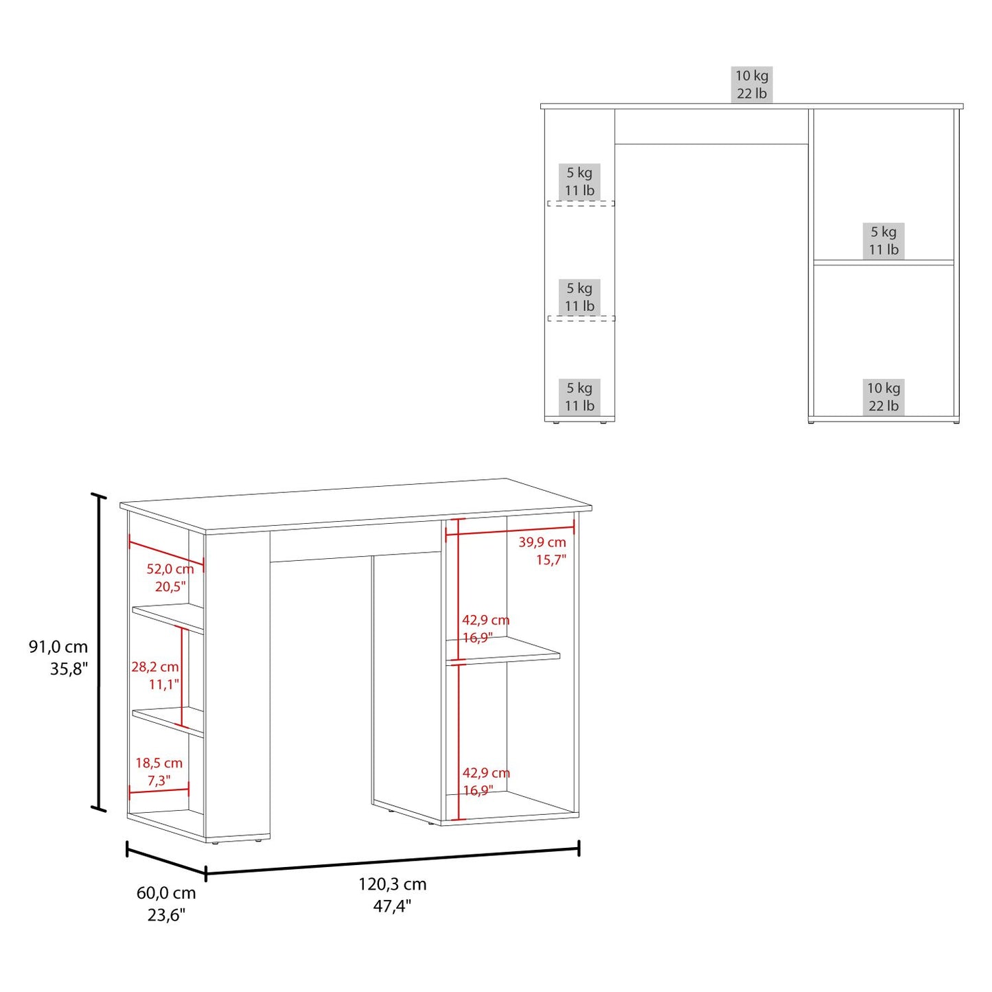Allen 47" Wide Kitchen Island One Cabinet and Five Shelves, Bar Table, Dinning Table. Pub Table White- Natural Oak