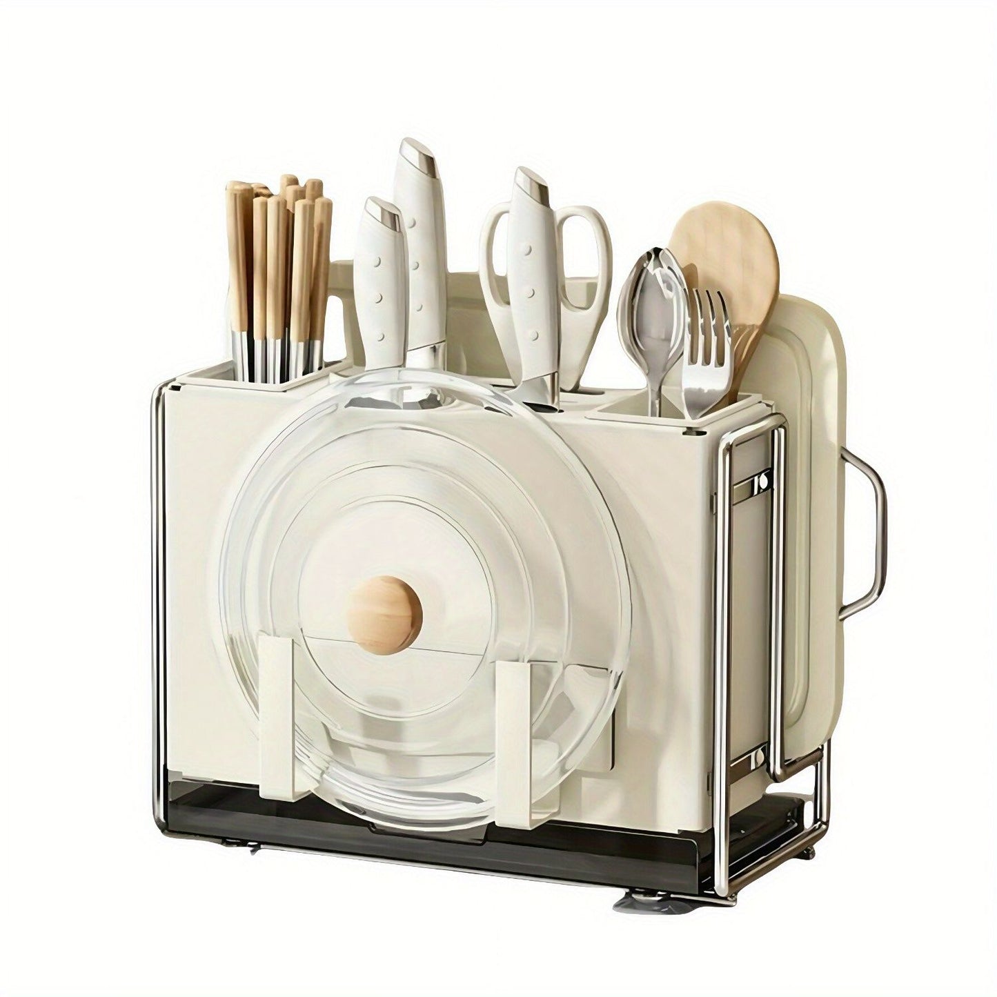 1 Universal Metal Kitchen Knife Holder with Chopping Board Storage, Knife - free. 6 - Slot Large - volume Design, Stable and Mountable on Countertop or Wall for Cutlery Organization