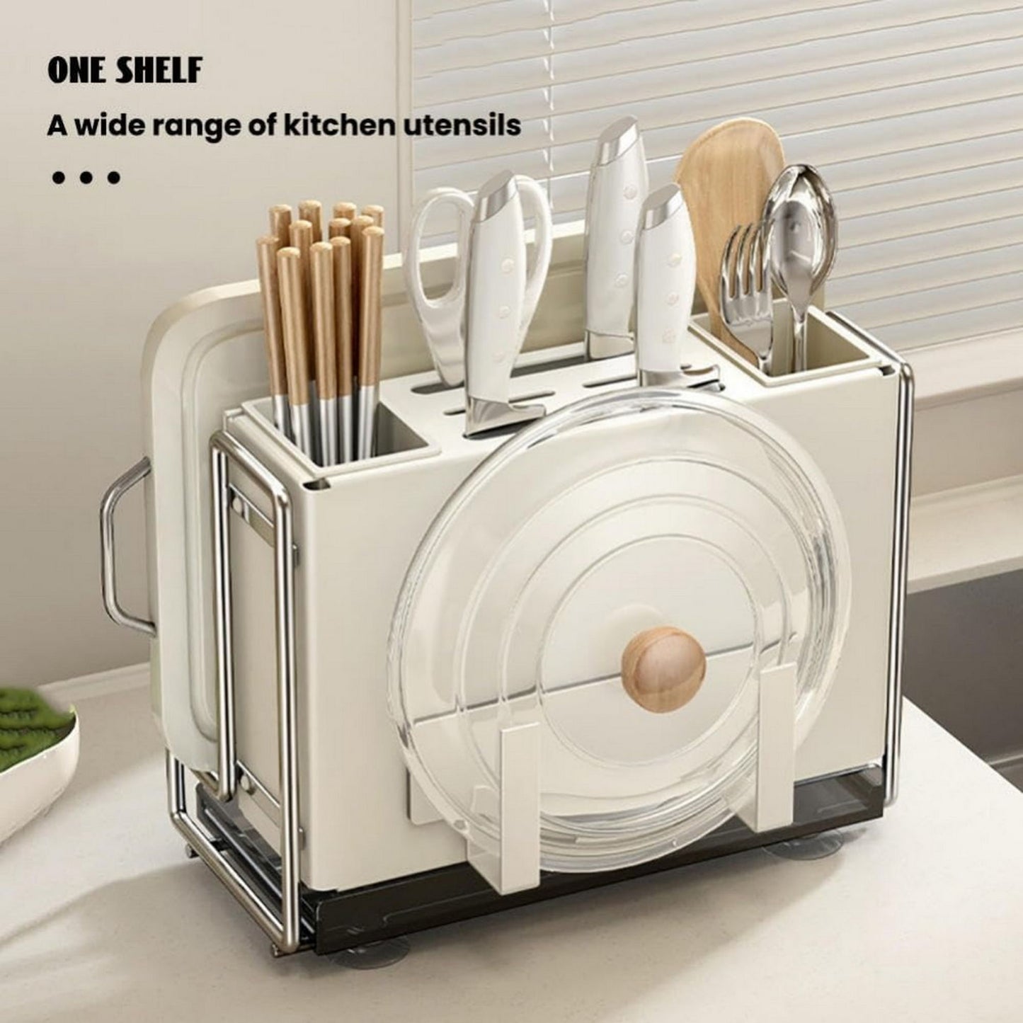 1 Universal Metal Kitchen Knife Holder with Chopping Board Storage, Knife - free. 6 - Slot Large - volume Design, Stable and Mountable on Countertop or Wall for Cutlery Organization