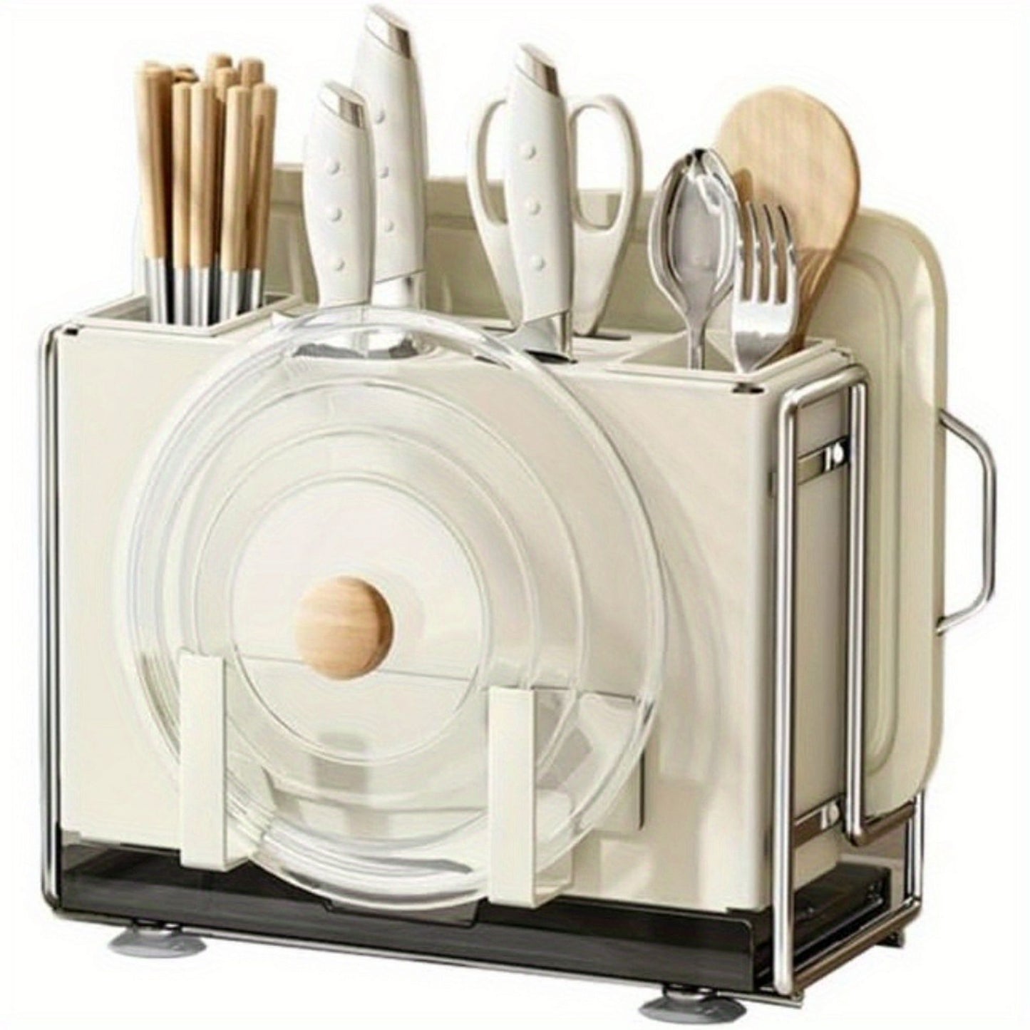 1 Universal Metal Kitchen Knife Holder with Chopping Board Storage, Knife - free. 6 - Slot Large - volume Design, Stable and Mountable on Countertop or Wall for Cutlery Organization