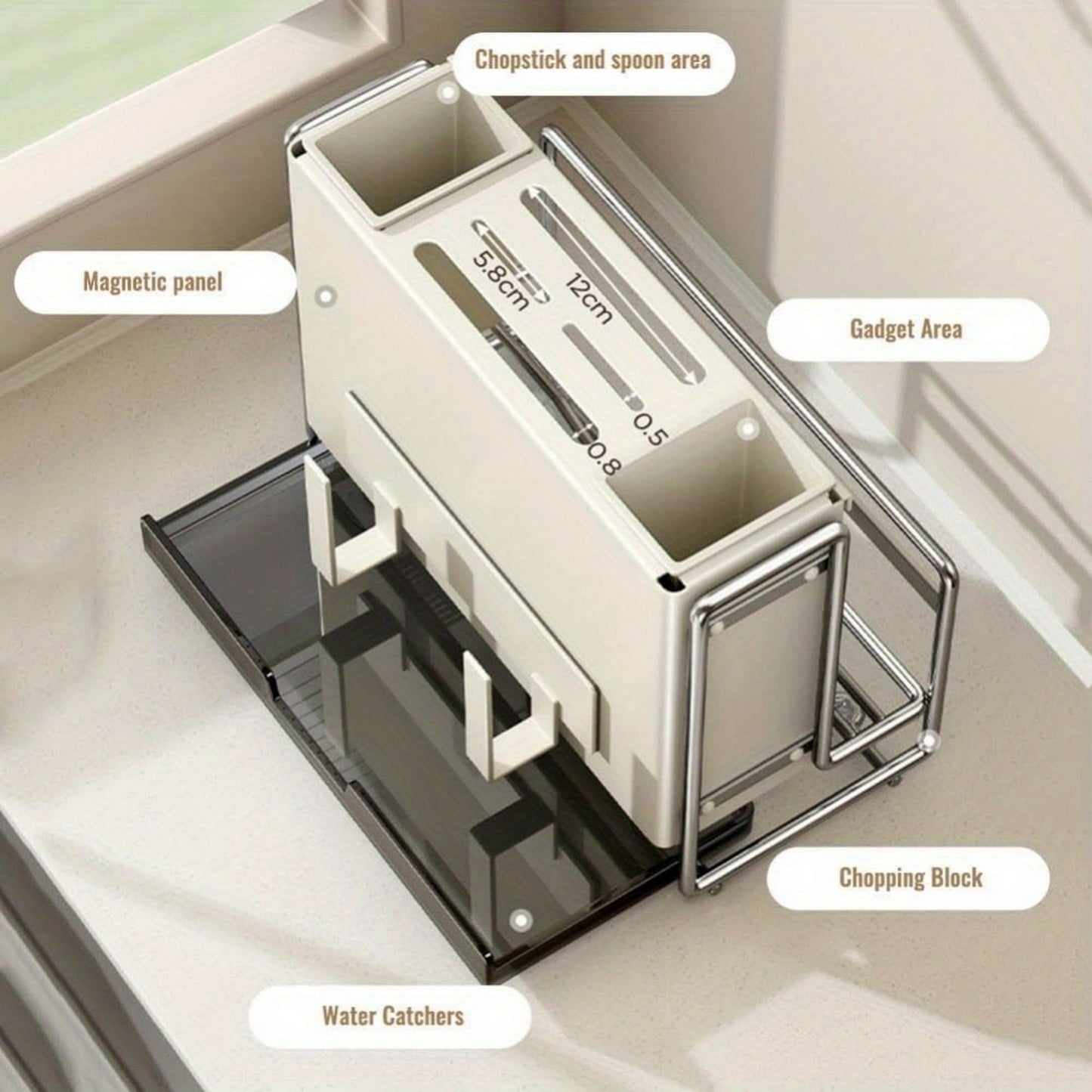 1 Universal Metal Kitchen Knife Holder with Chopping Board Storage, Knife - free. 6 - Slot Large - volume Design, Stable and Mountable on Countertop or Wall for Cutlery Organization