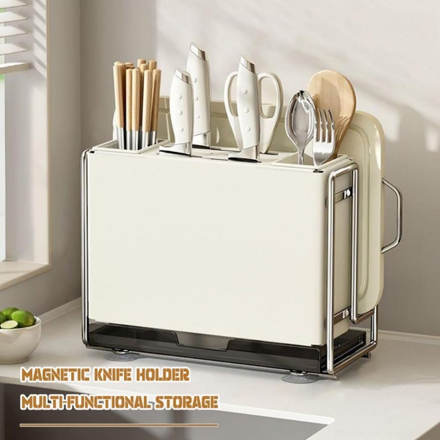1 Universal Metal Kitchen Knife Holder with Chopping Board Storage, Knife - free. 6 - Slot Large - volume Design, Stable and Mountable on Countertop or Wall for Cutlery Organization