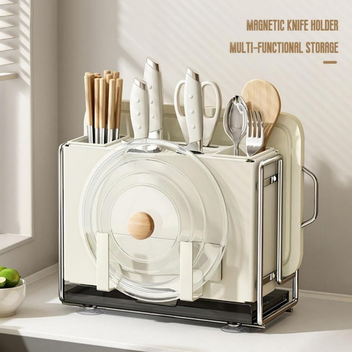 1 Universal Metal Kitchen Knife Holder with Chopping Board Storage, Knife - free. 6 - Slot Large - volume Design, Stable and Mountable on Countertop or Wall for Cutlery Organization