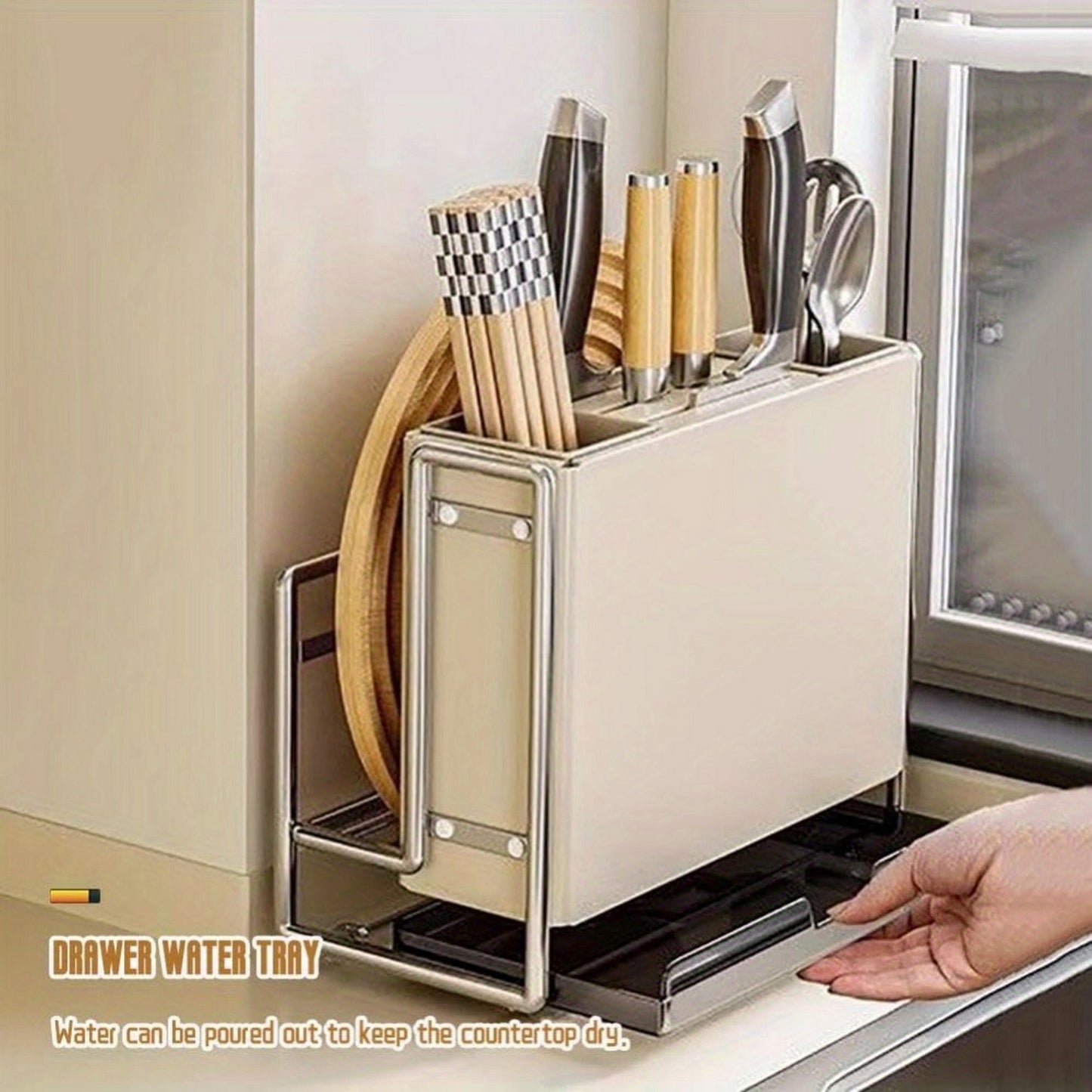 1 Universal Metal Kitchen Knife Holder with Chopping Board Storage, Knife - free. 6 - Slot Large - volume Design, Stable and Mountable on Countertop or Wall for Cutlery Organization