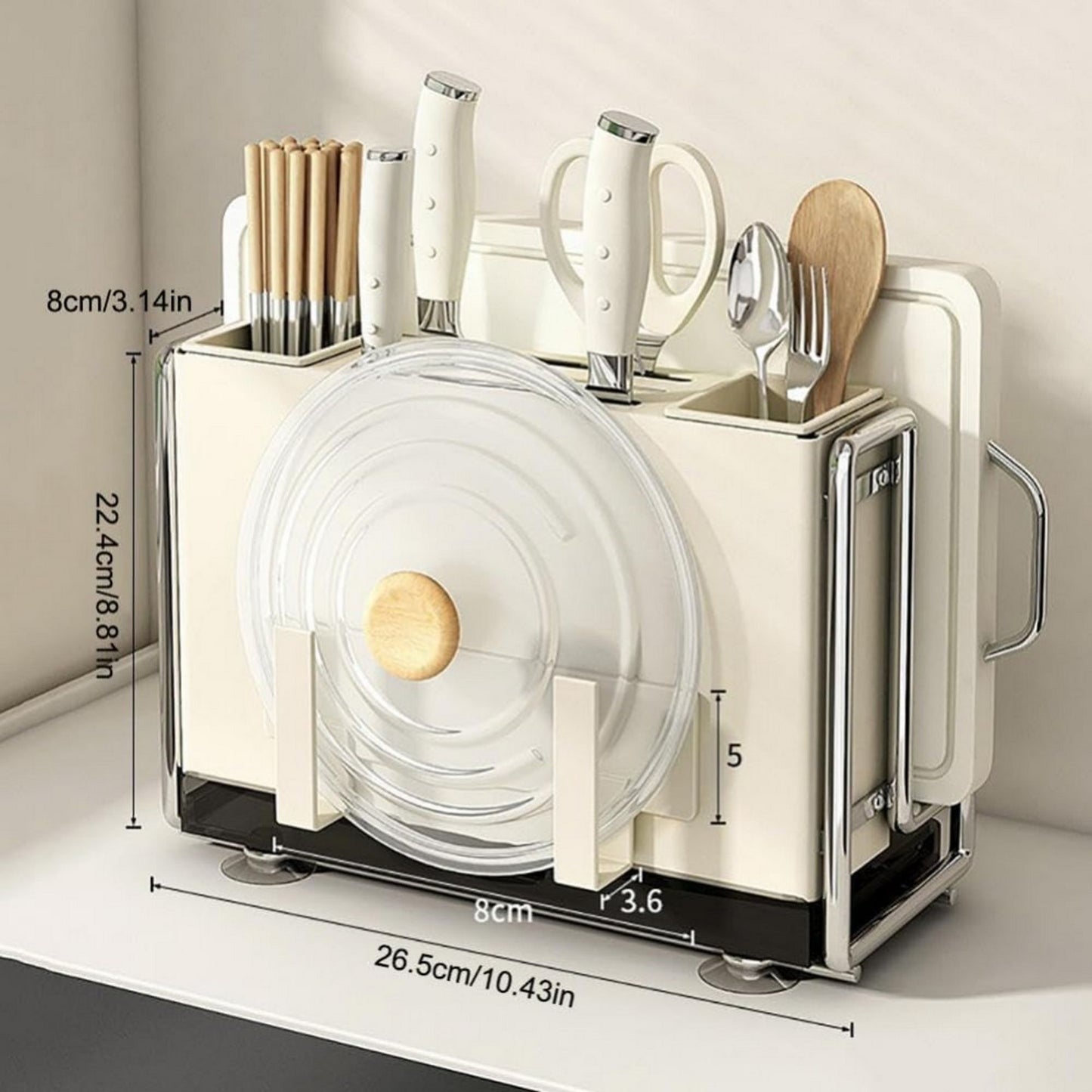 1 Universal Metal Kitchen Knife Holder with Chopping Board Storage, Knife - free. 6 - Slot Large - volume Design, Stable and Mountable on Countertop or Wall for Cutlery Organization