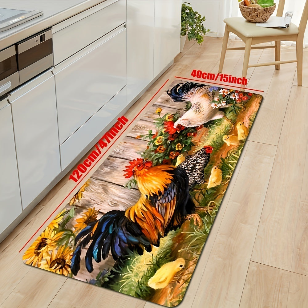 1pc Chickens Flowers Floor Mat; Modern Kitchen Rug Non-Slip Colorful Indoor Carpet; For Home Bathroom Bedroom Living Room Decor