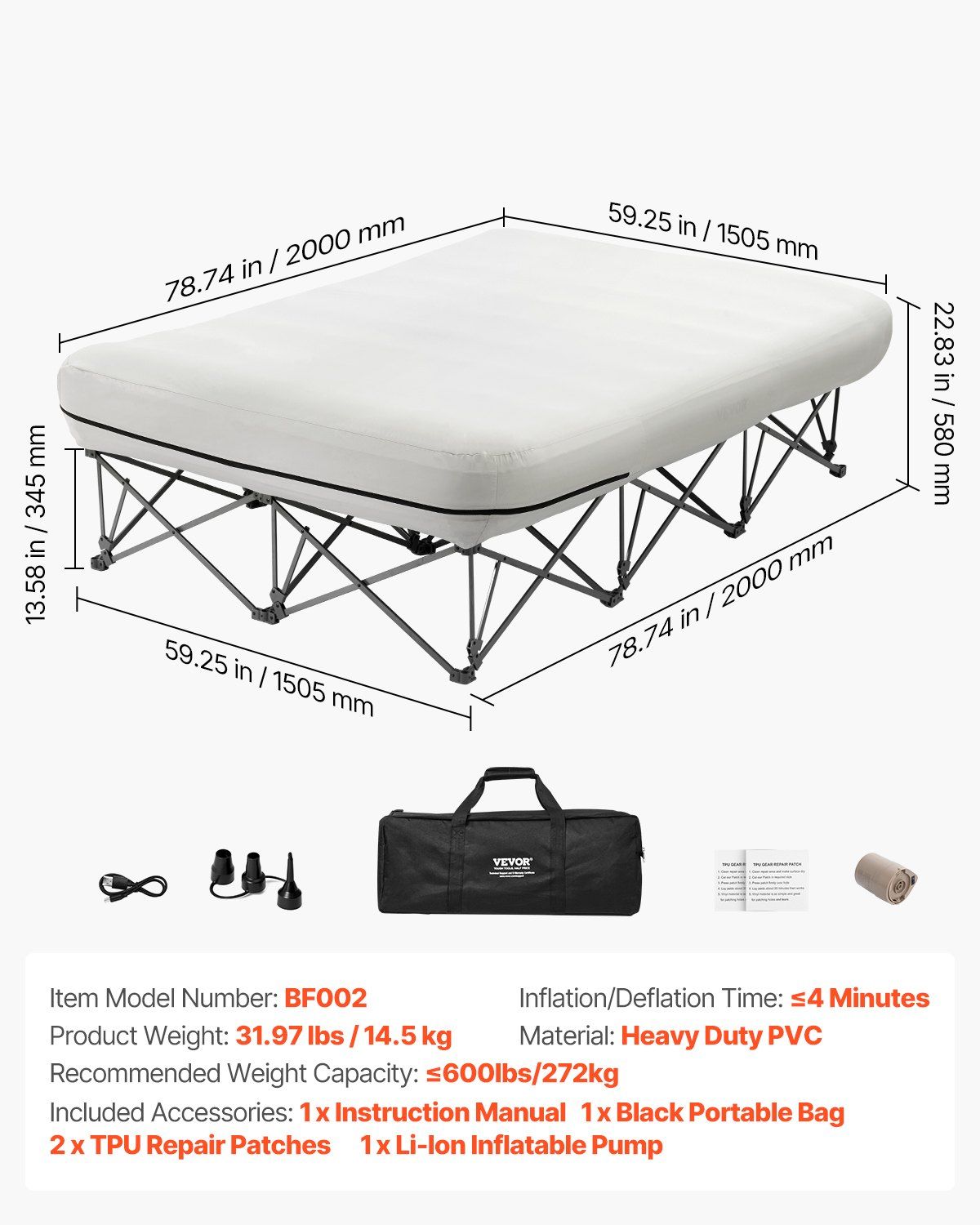 Air Mattress with Frame & Pump 2 Person Blow Up Camping Mattress 600lbs