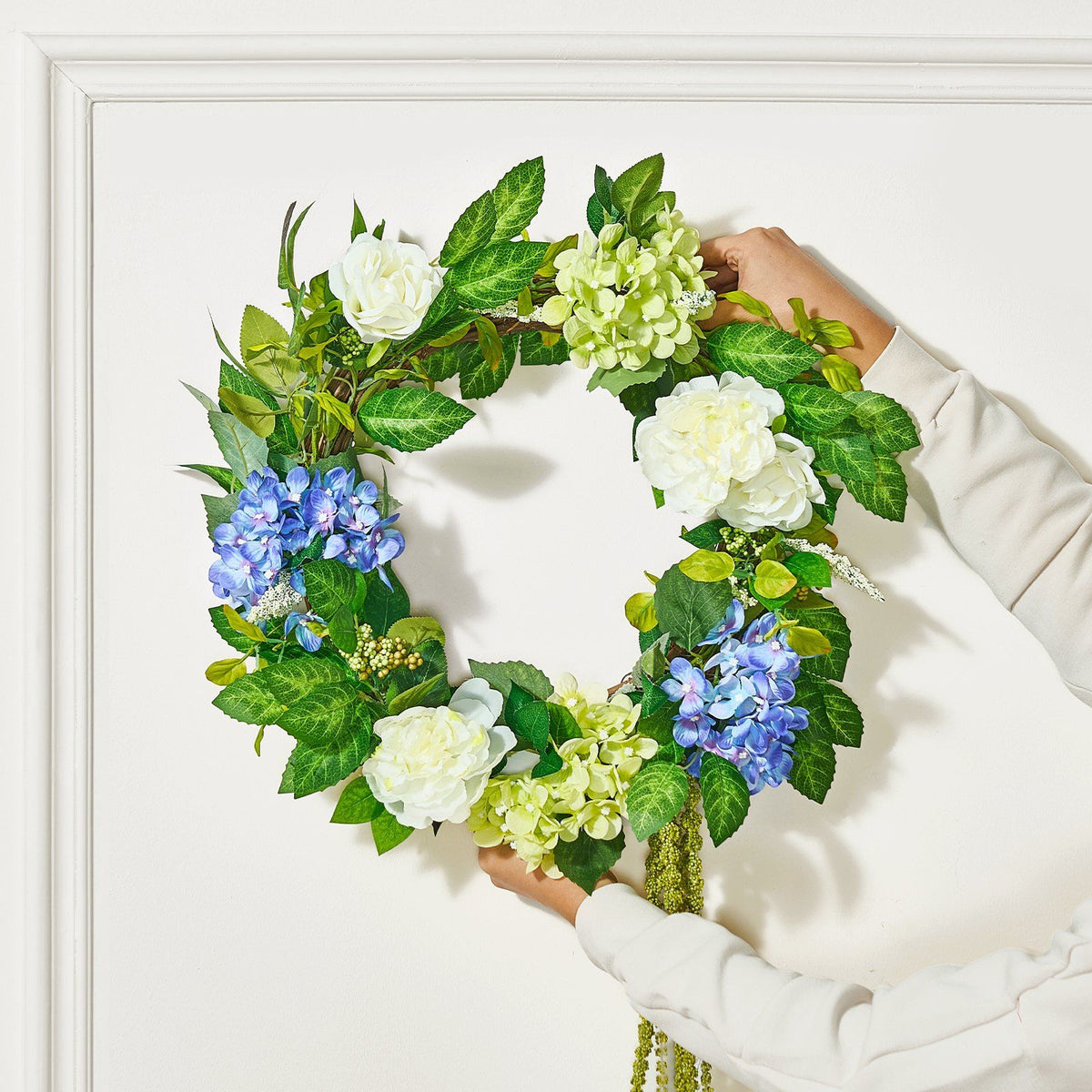 Artificial Decorative Wreath 23 in Blue White Green Hydrangeas Roses Year Round