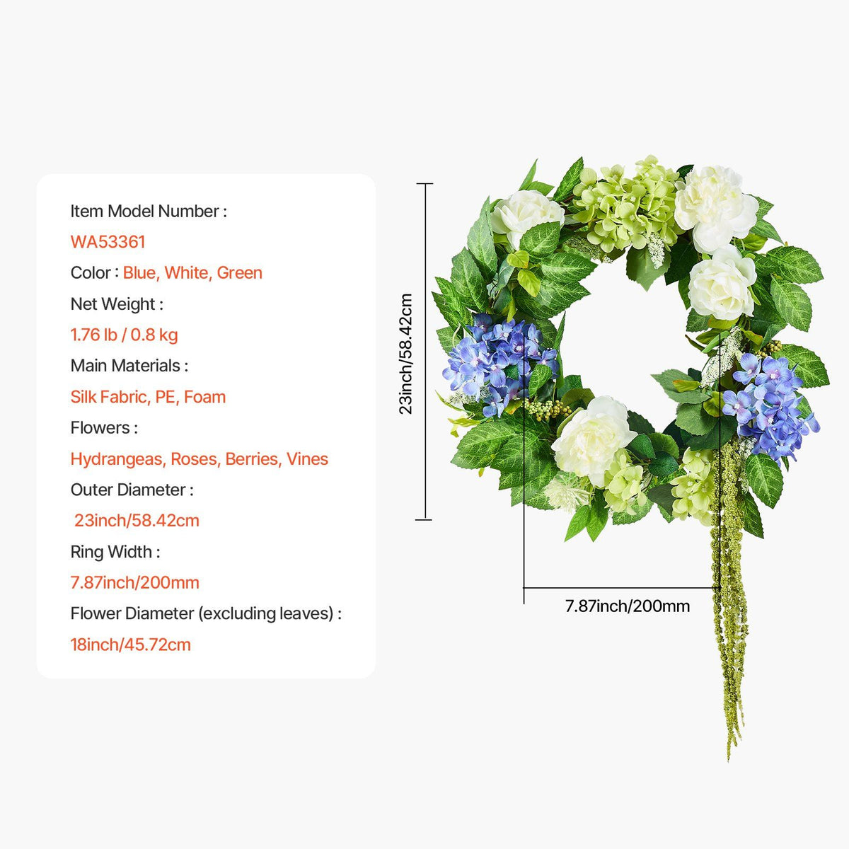 Artificial Decorative Wreath 23 in Blue White Green Hydrangeas Roses Year Round