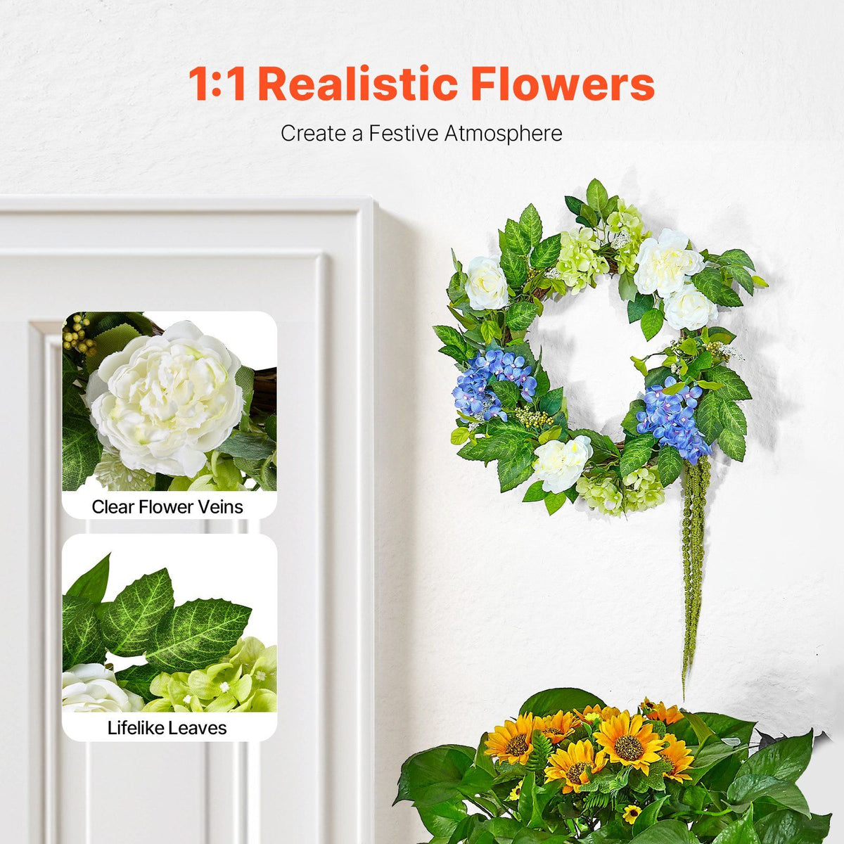Artificial Decorative Wreath 23 in Blue White Green Hydrangeas Roses Year Round