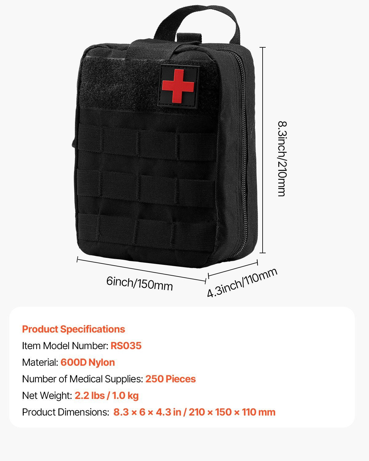 Survival First Aid Kit 250 Pieces Emergency Medical Trauma Bag for Camping Home