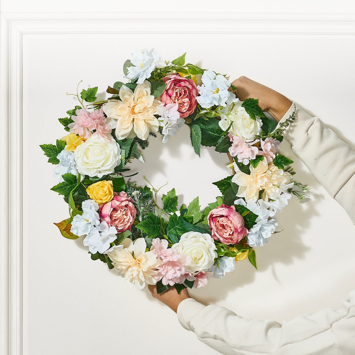 Decorative Wreath 24 in White Pink Yellow Peonies Hydrangeas Year Round Wreath