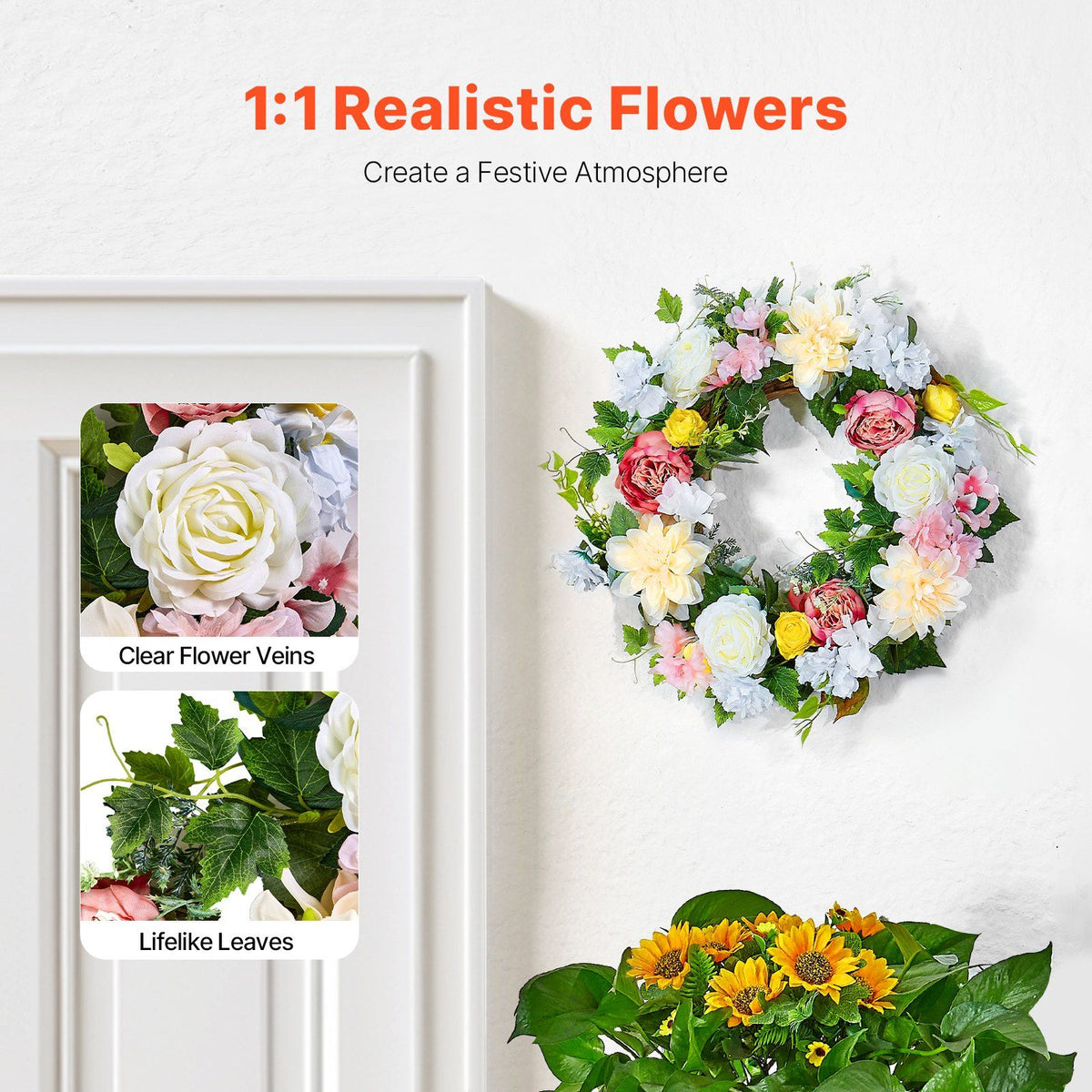 Decorative Wreath 24 in White Pink Yellow Peonies Hydrangeas Year Round Wreath