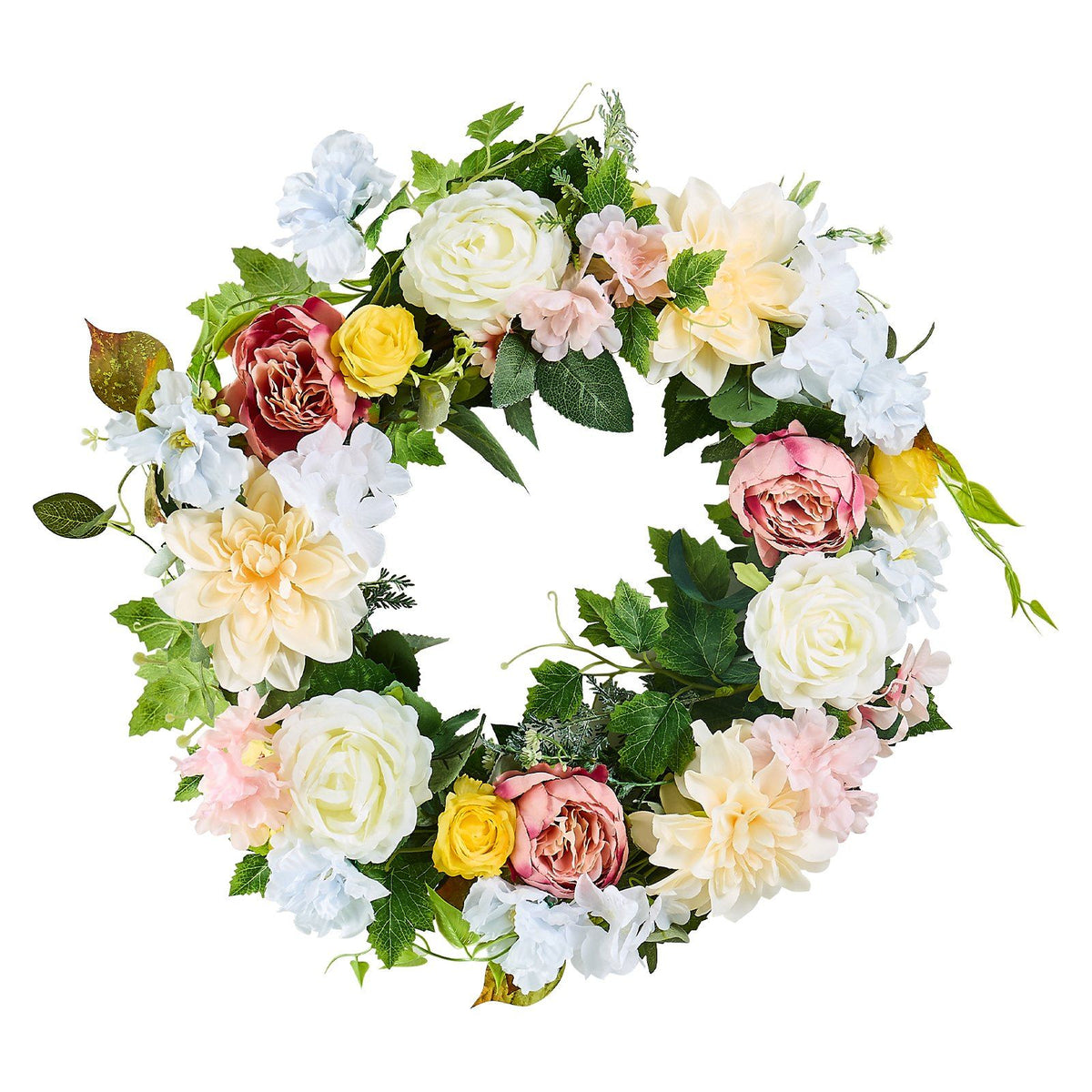 Decorative Wreath 24 in White Pink Yellow Peonies Hydrangeas Year Round Wreath