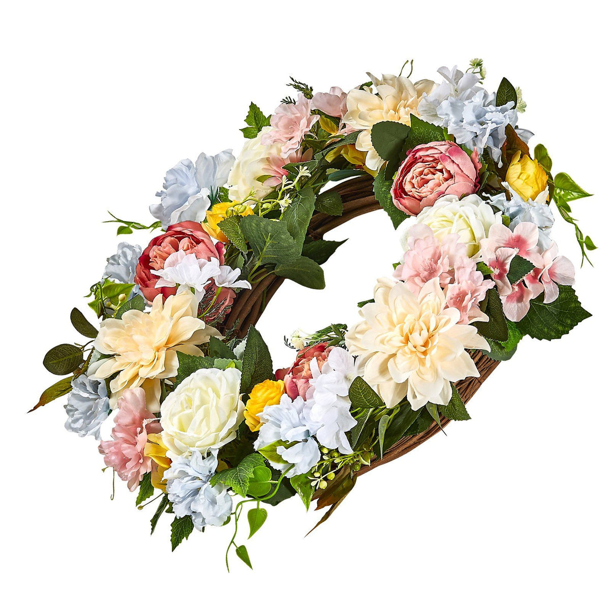 Decorative Wreath 24 in White Pink Yellow Peonies Hydrangeas Year Round Wreath
