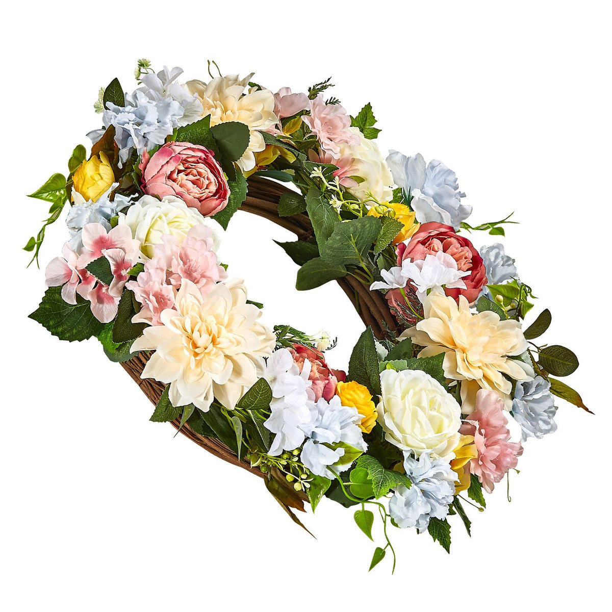 Decorative Wreath 24 in White Pink Yellow Peonies Hydrangeas Year Round Wreath