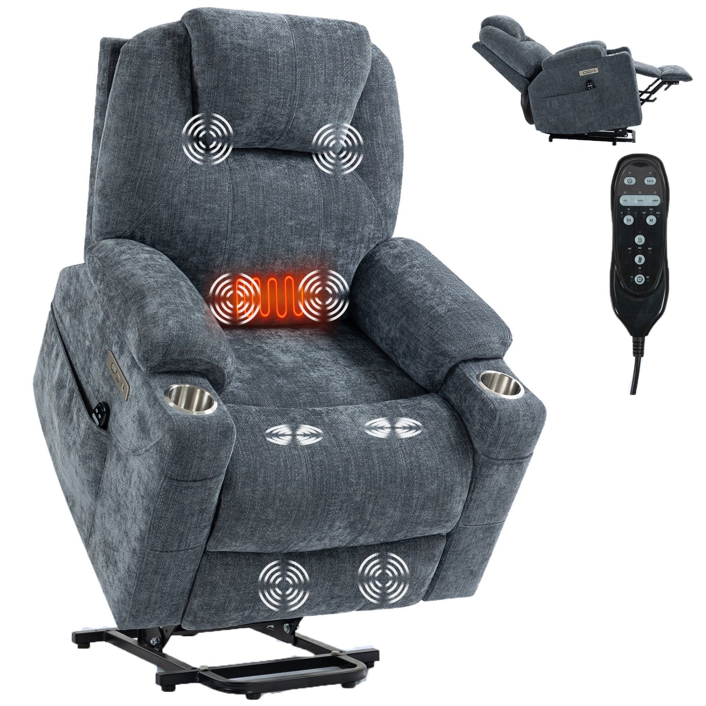 Up to 350 LBS Chenille Power Lift Recliner Chair, Heavy Duty Motion Mechanism with 8-Point Vibration Massage and Lumbar Heating, USB and Type-C Ports, Stainless Steel Cup Holders, Blue