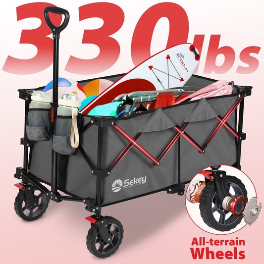 Sekey 330LBS 220L Collapsible Wagon Cart, Foldable Garden Wagon, Heavy Duty Folding Utility 600D Oxford Fabric Beach Cart with Big Wheel for Camping, Shopping, Outdoor, Sport (Gray, 1-YEAR-WARRANTY)