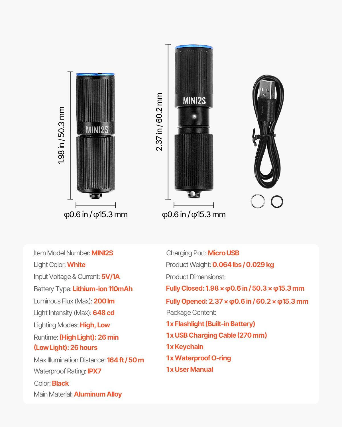 Keychain Flashlight Rechargeable Mini Flashlight 200 High Lumens IPX7 Waterproof
