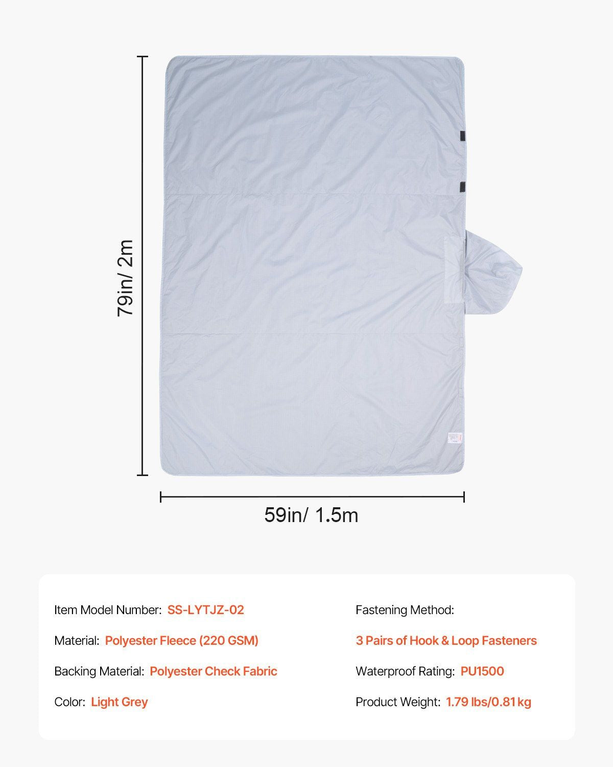 Camping Blanket 79" x 59" Wearable Warm Stadium Blanket Outdoor Light Grey