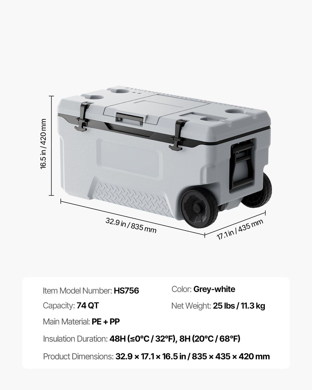 Portable Cooler 74 QT Insulated Wheeled Cooler 120 Can Capacity with Cup Holder