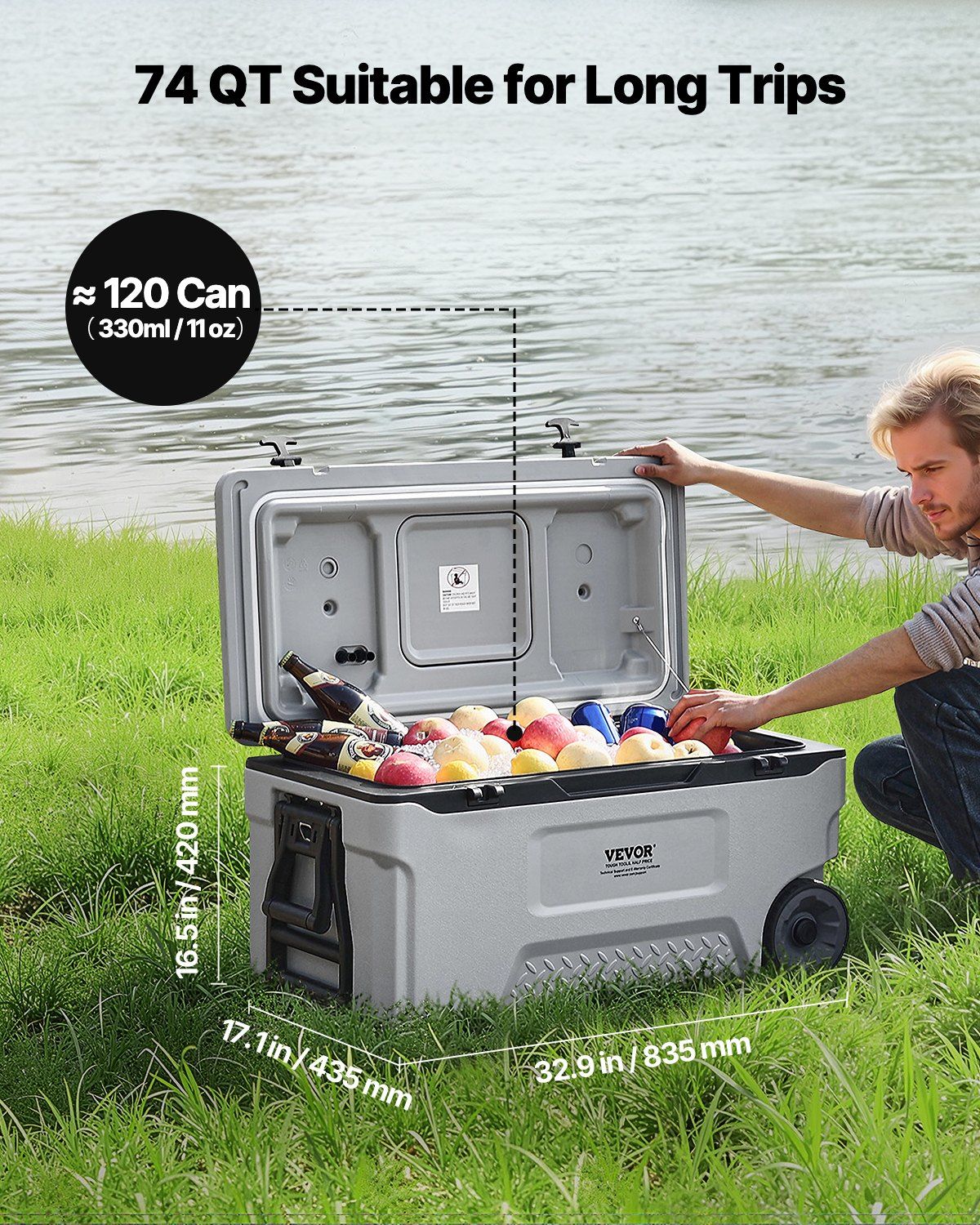 Portable Cooler 74 QT Insulated Wheeled Cooler 120 Can Capacity with Cup Holder