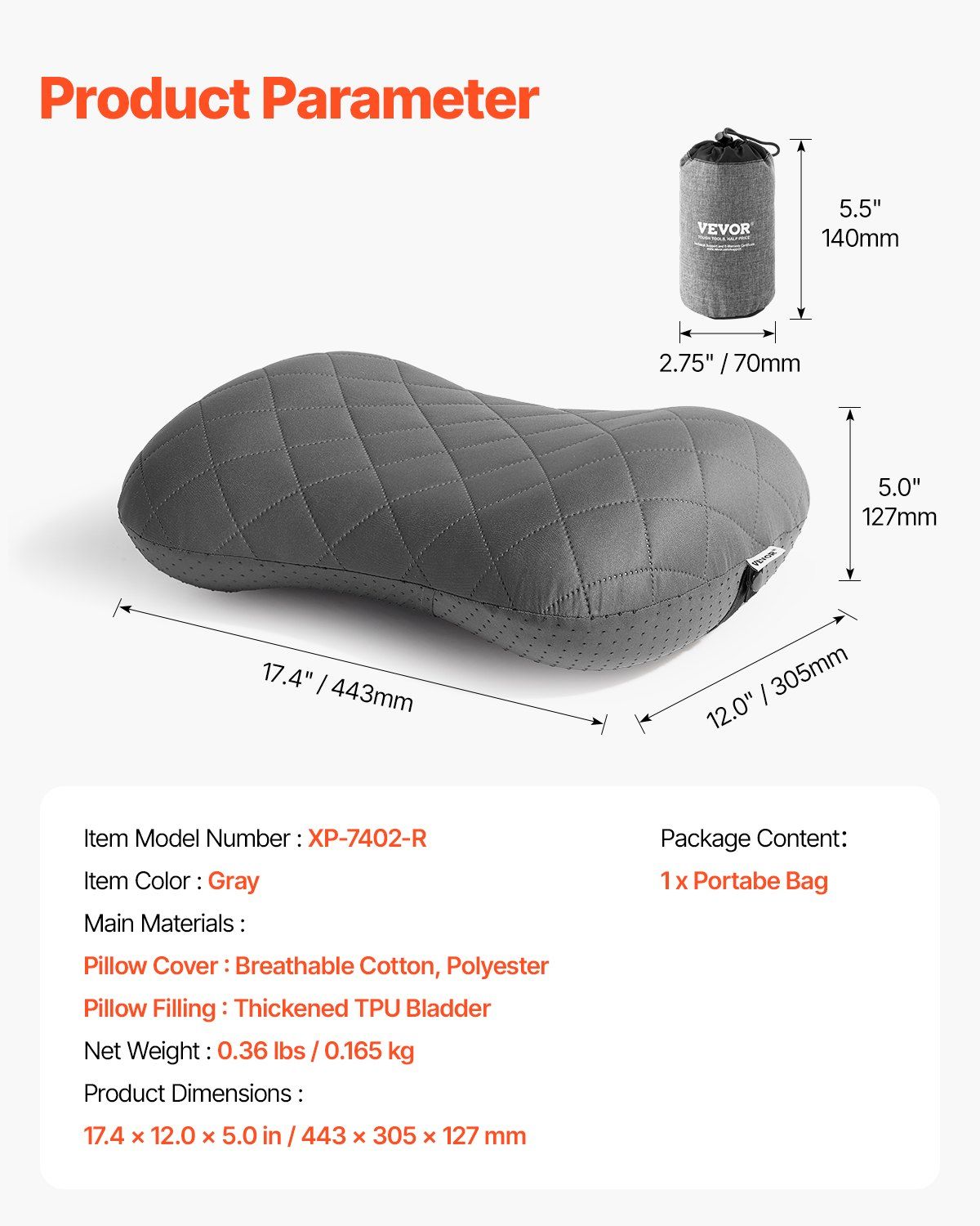 Inflatable Camping Pillow Portable Travel Pillow with Machine Washable Cover