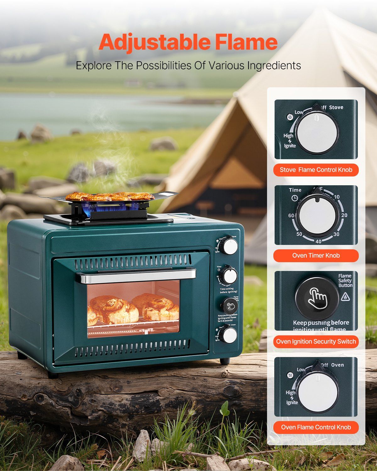 Outdoor Oven 2-in-1 Portable Gas Camping Stove Oven Combo Adjustable Fire