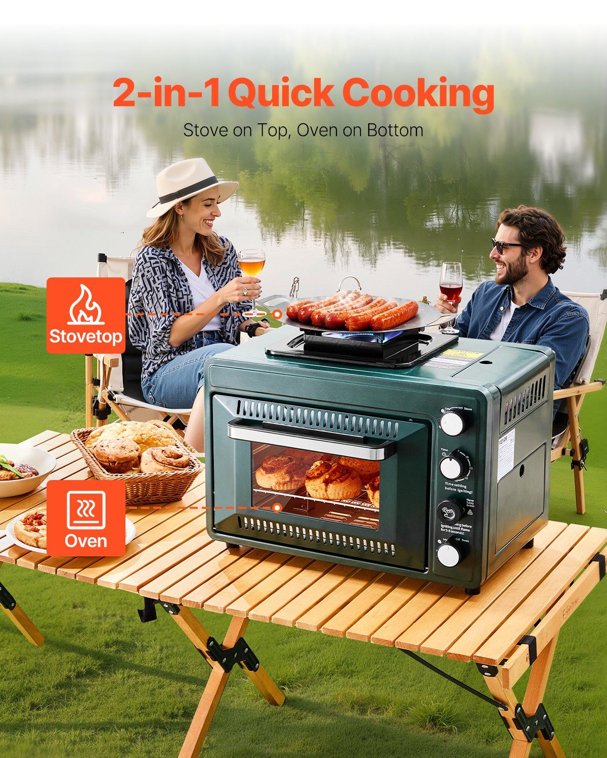 Outdoor Oven 2-in-1 Portable Gas Camping Stove Oven Combo Adjustable Fire