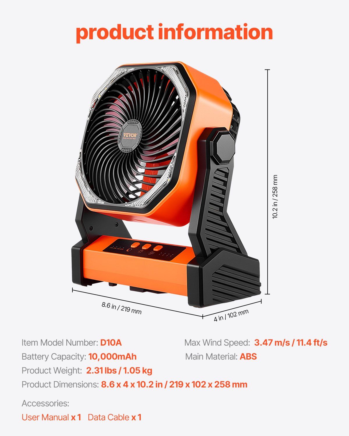8 inch Rechargeable Camping Desktop Fan Battery Operated 4 Speeds