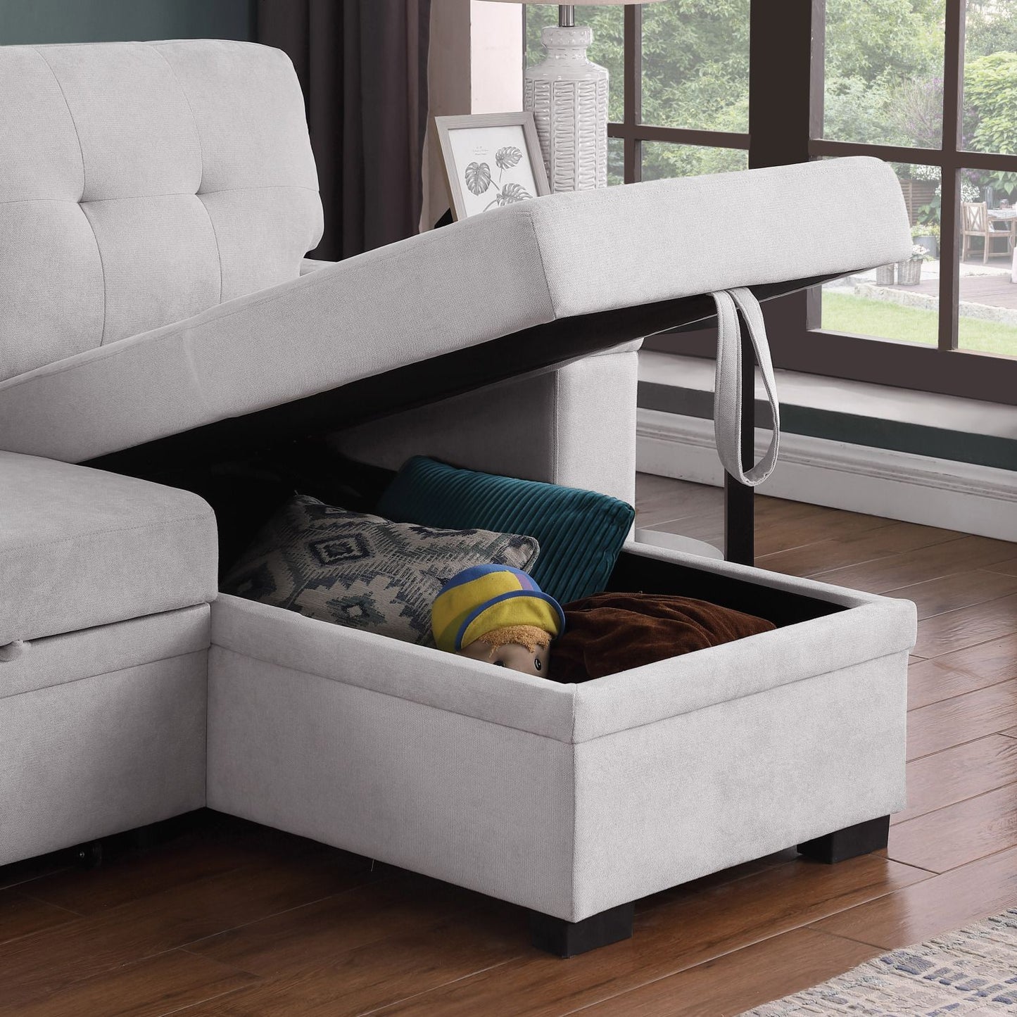 Lucca II 84.5"W Light Gray Woven Fabric Reversible Sleeper Sectional Sofa with Storage Chaise