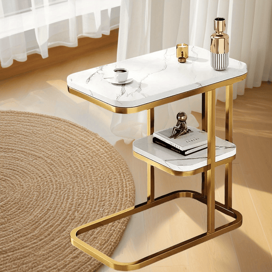 Coffee Table & Bedside Table - C - shaped Side Table for Sofa and Bed. Features Imitation Marble Tabletop and Steel Frame. Narrow Side Table for Bedroom and Living Room, Small Banquet Table (2-tier)
